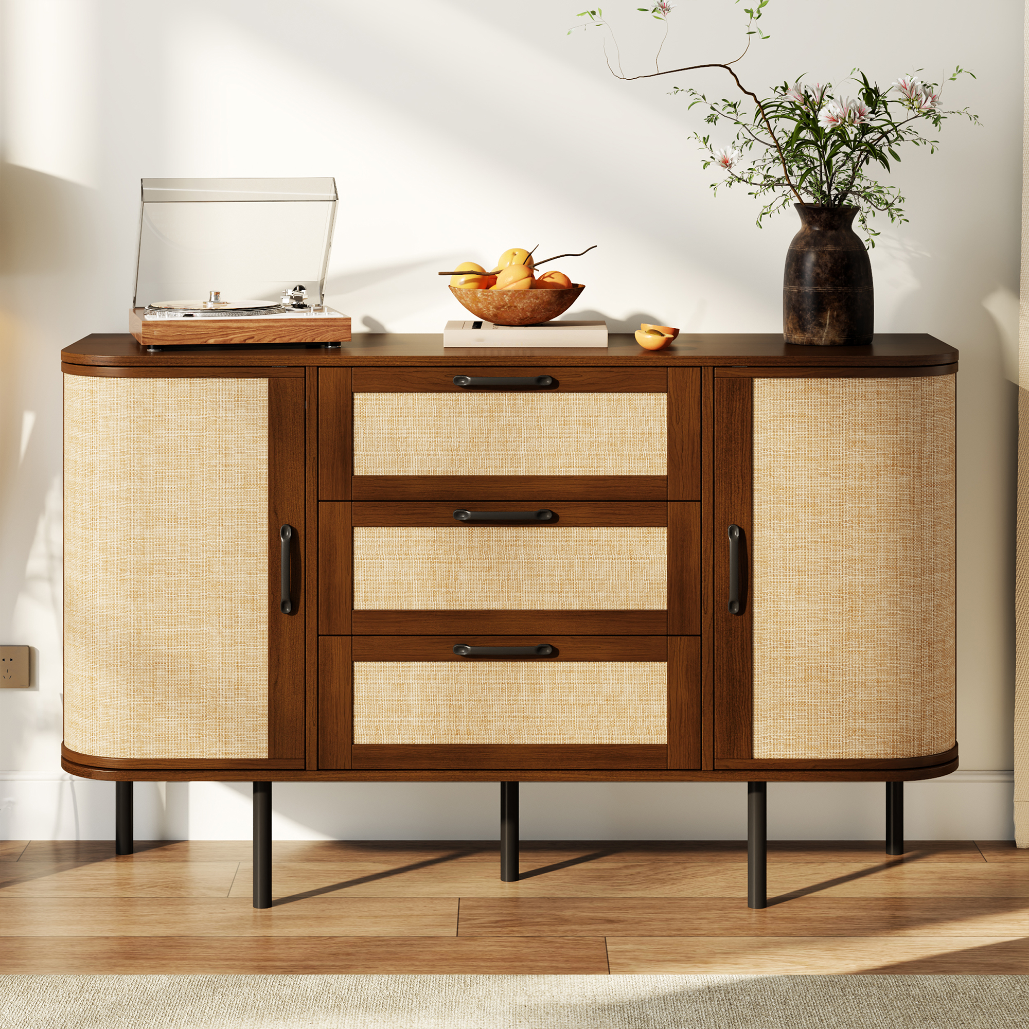 Meuble TV Bas Dimensions 120 x 40 x 82 cm Capacité Stockage 2 Compartiments Portes 3 Tiroirs Profonds