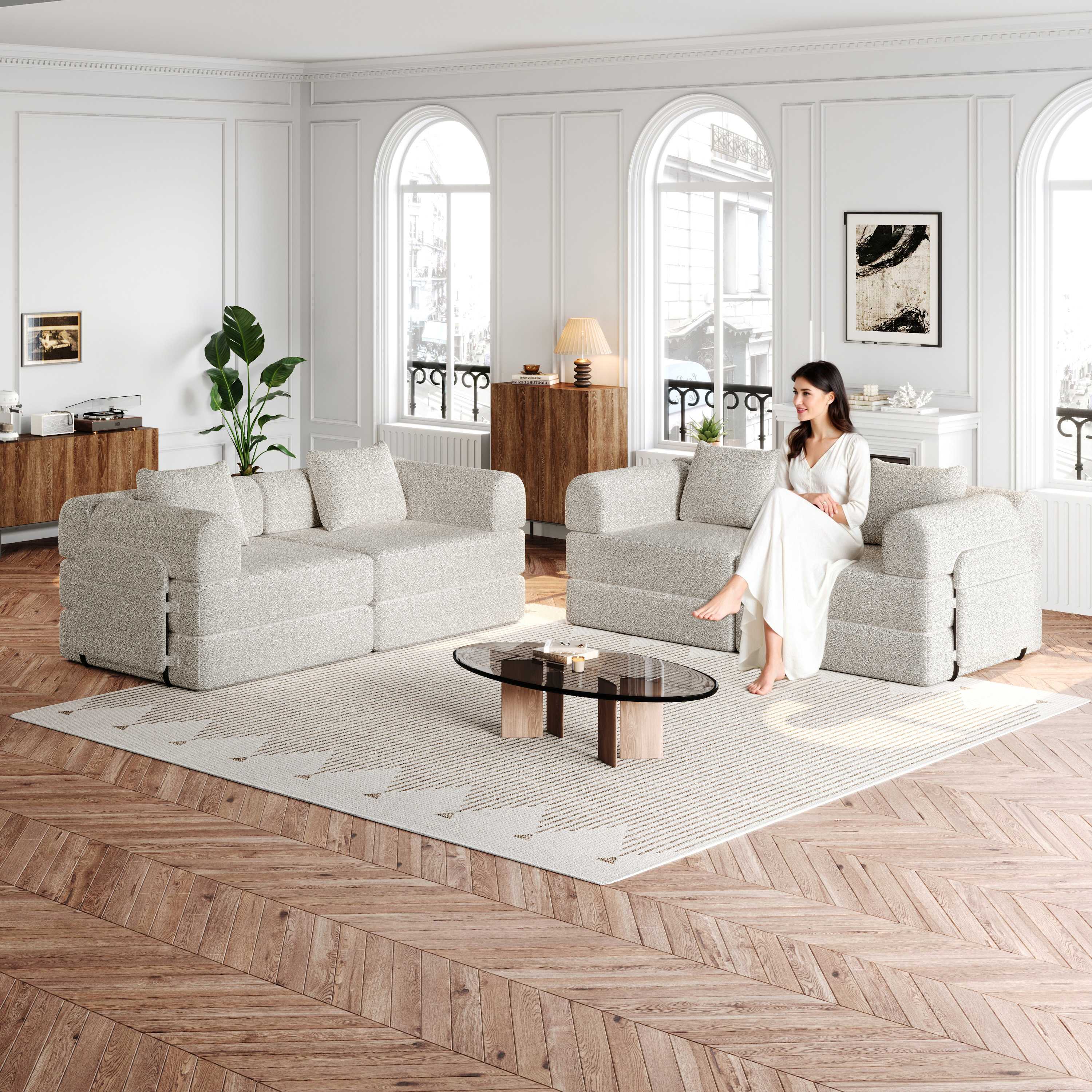 Canapé-lit 2-en-1 en tissu chenille khaki avec rangement dans l'accoudoir, cadre métallique robuste et configuration modulaire pour petit espace