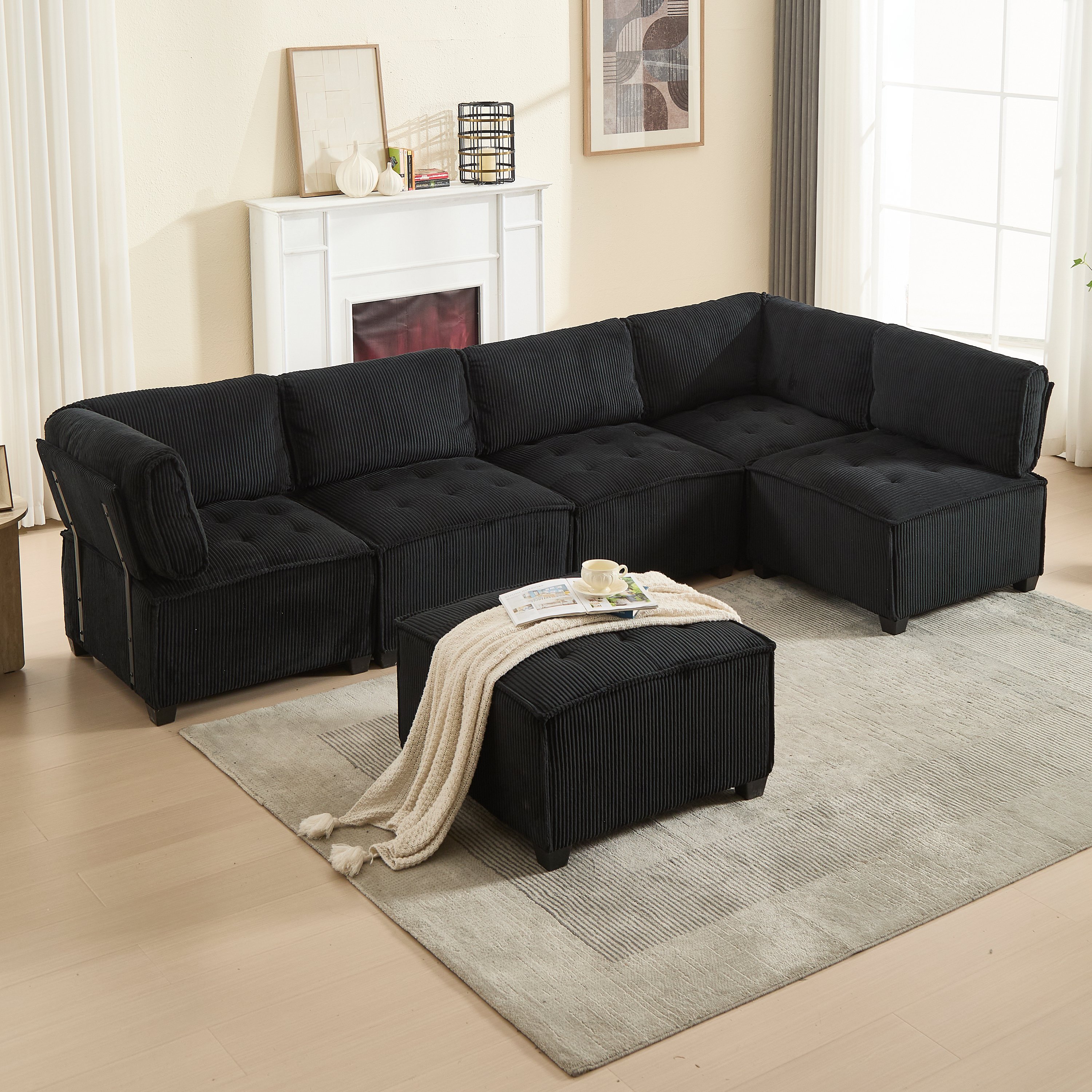 Canapé modulaire 6 places 308 cm en velours côtelé noir, structure métal et bois renforcée, rangement latéral