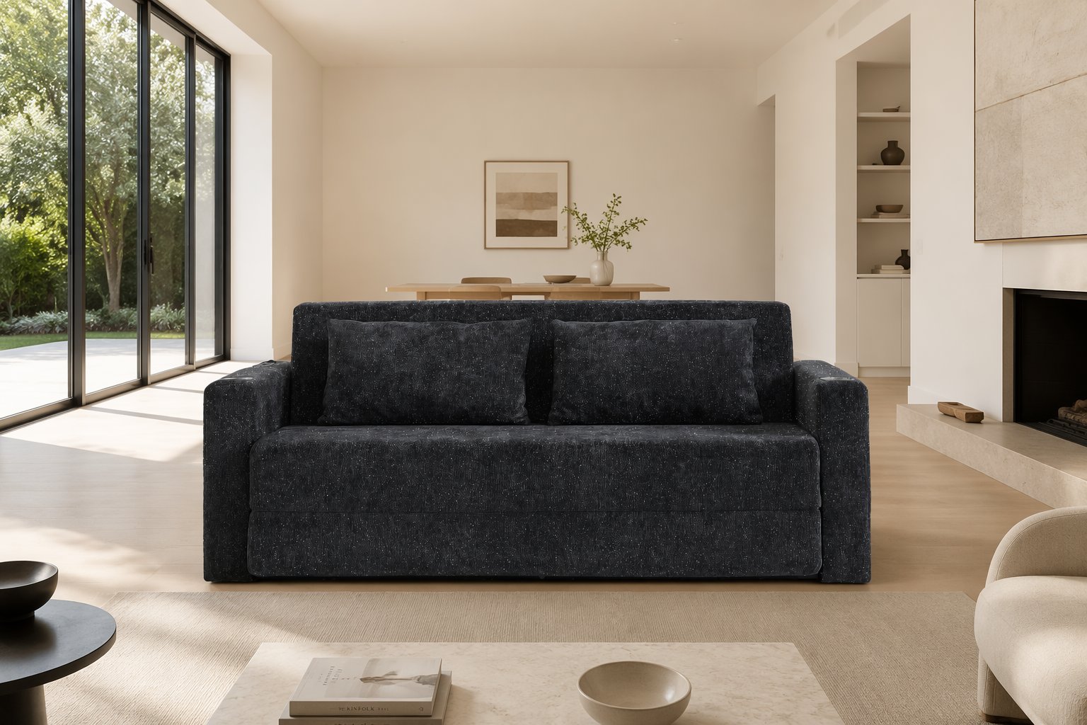 Canapé-lit 2 places en tissu chenille noir et gris, convertible avec ports USB, poches magazines et coussins inclus, dimensions 153x77x65 cm