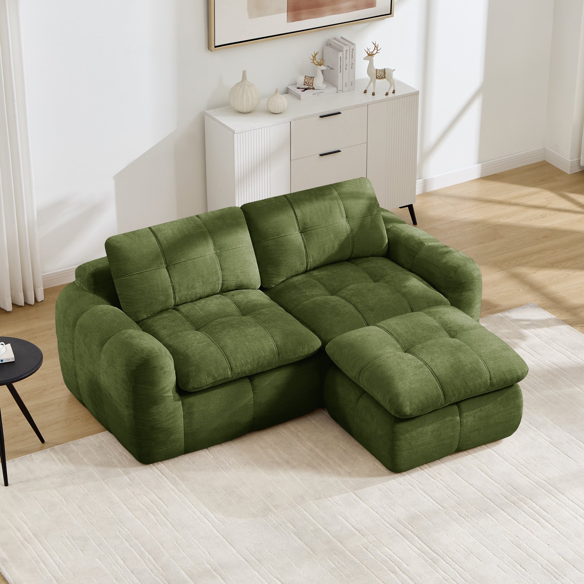 Canapé modulable structure sans cadre en tissu chenille vert, coussins mousse granulat, surface antidérapante