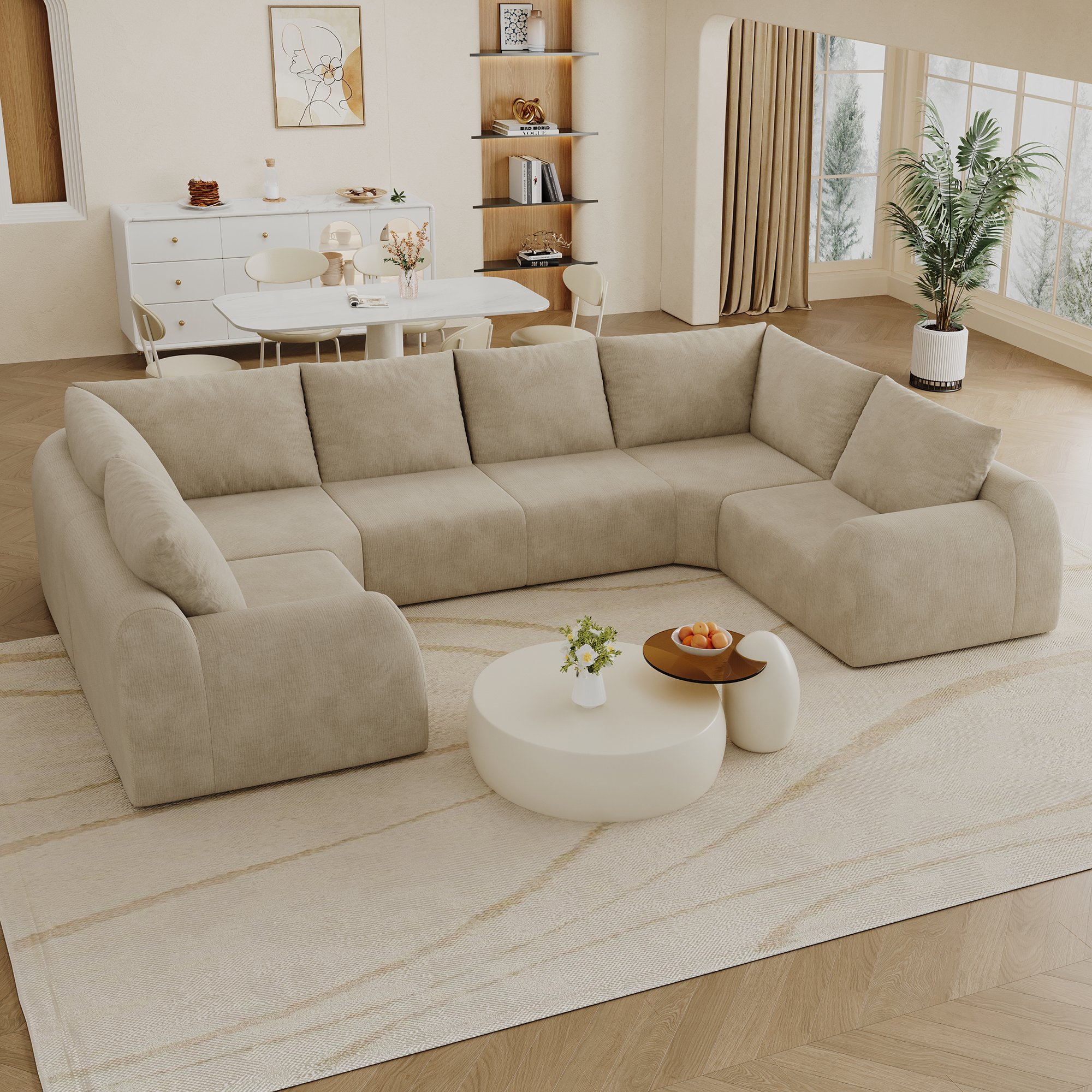 Canapé sans armature tissu chenille kaki 344x200 cm, mousse haute élasticité, livraison compacte, aucun montage requis