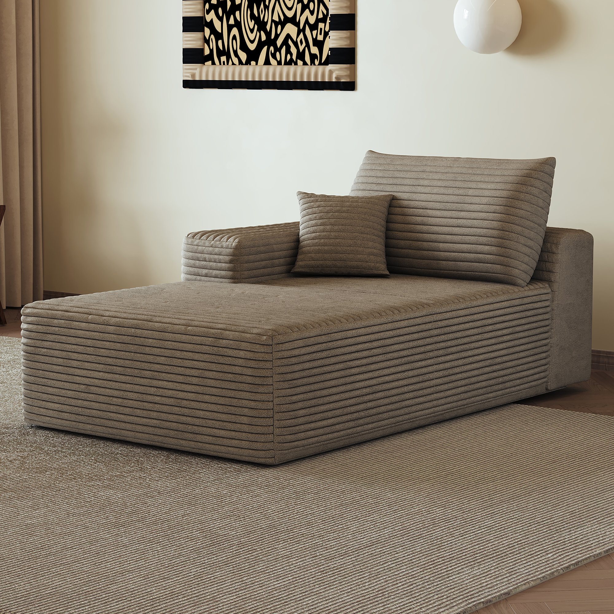 Canapé d'angle convertible Camel en tissu velours côtelé avec chaise longue, structure nuage sans montage, dimensions 175x95x83 cm pour salon moderne et confortable.