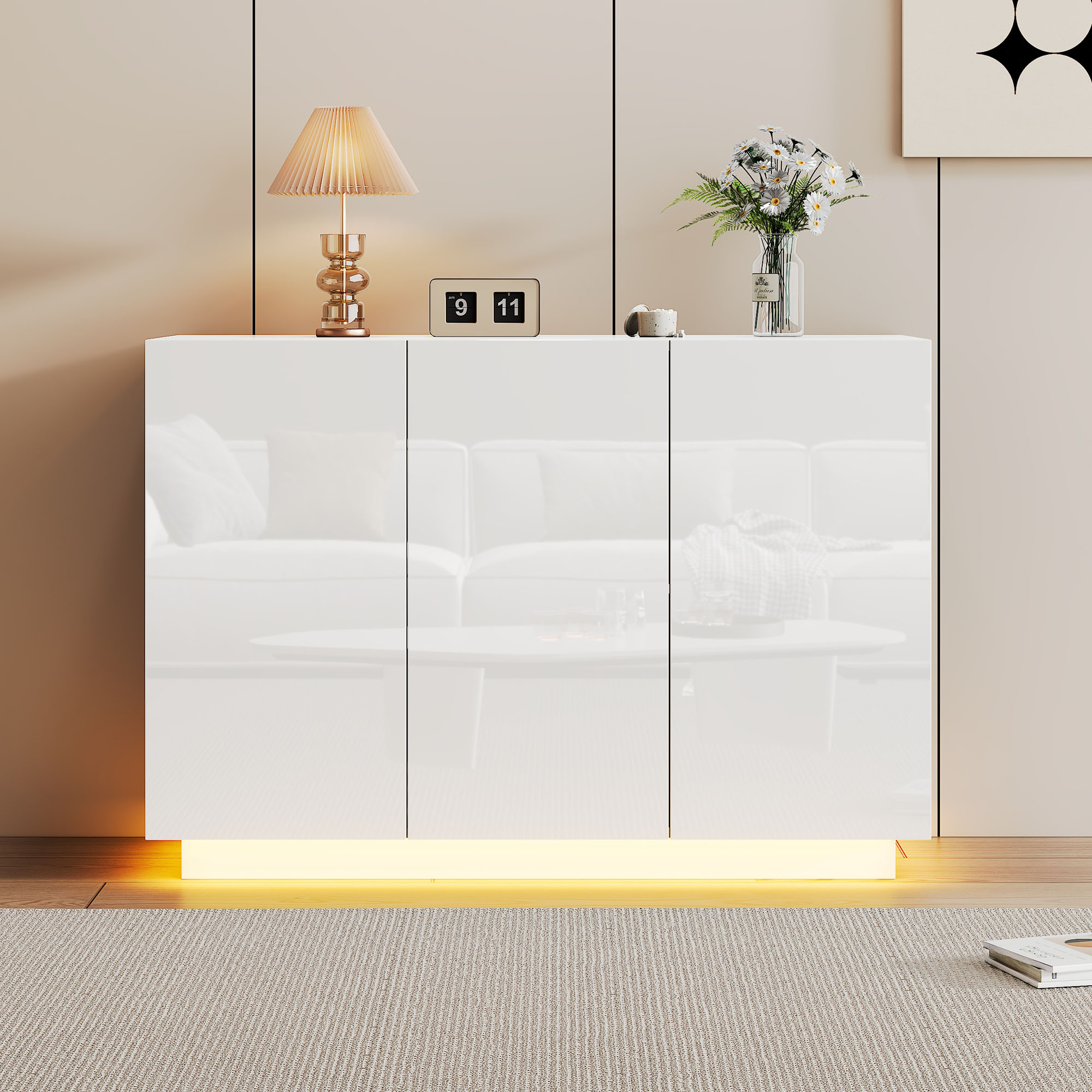 Buffet Bas Blanc 120x40x75 cm - Meuble Rangement Cuisine avec 3 Portes Haut Gloss et Étagères Intérieures