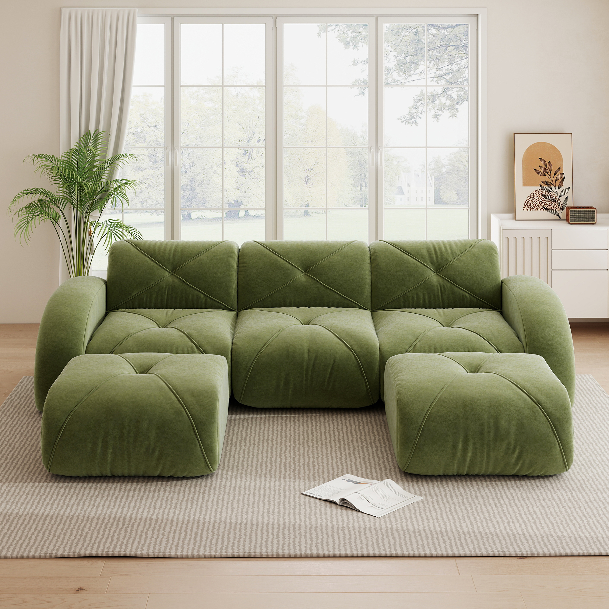 Canapé modulable panoramique 3 places, confort moelleux tissu Chenille, structure stable sans cadre, 2 coussins inclus