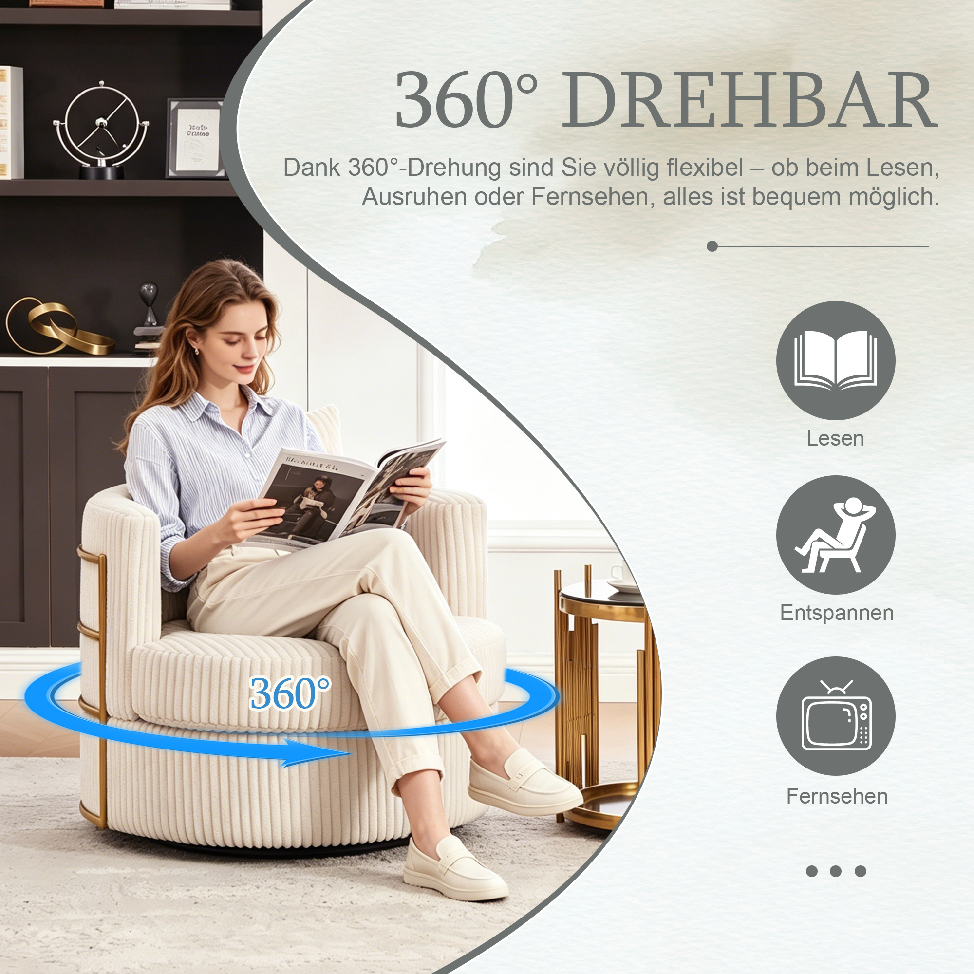 Canapé fauteuil pivotant 360° avec rangement sous l'assise et mousse haute densité pour salon ou chambre