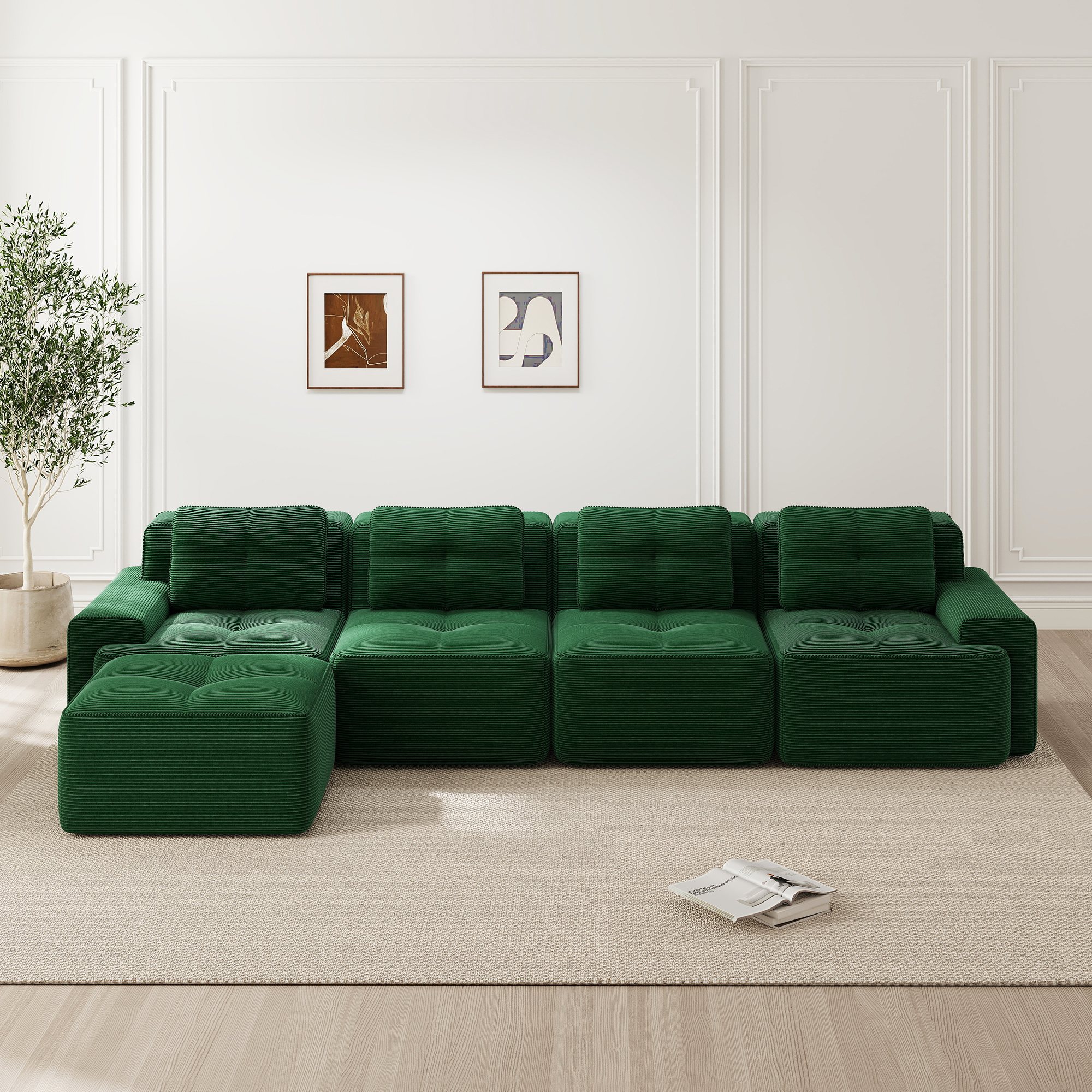 Méridienne Canapé Modulable en Velours Côtelé Vert, Structure Sans Pieds Antidérapante, Dimensions 382x177x69 cm pour Grand Salon