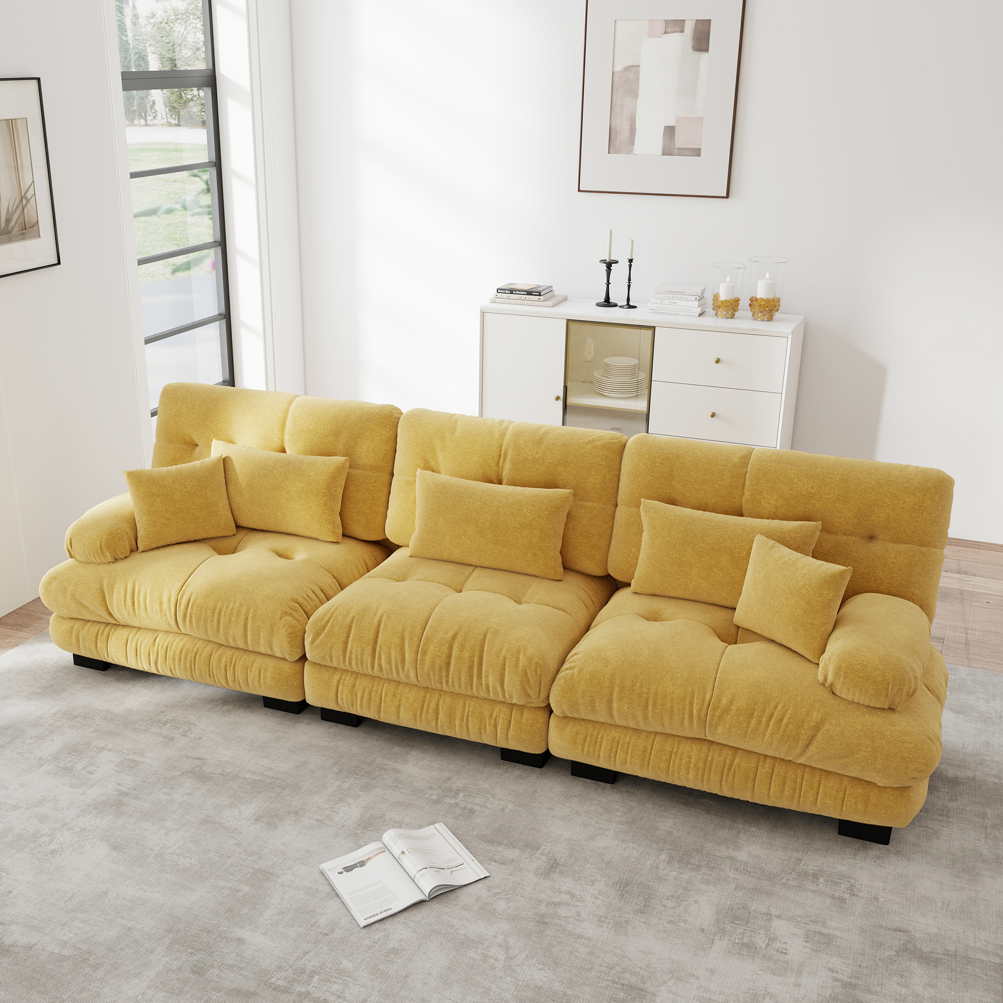 Canapé modulable 3 places avec assise profonde et dossier ergonomique, tissu Chenille jaune pour salon moderne et confortable