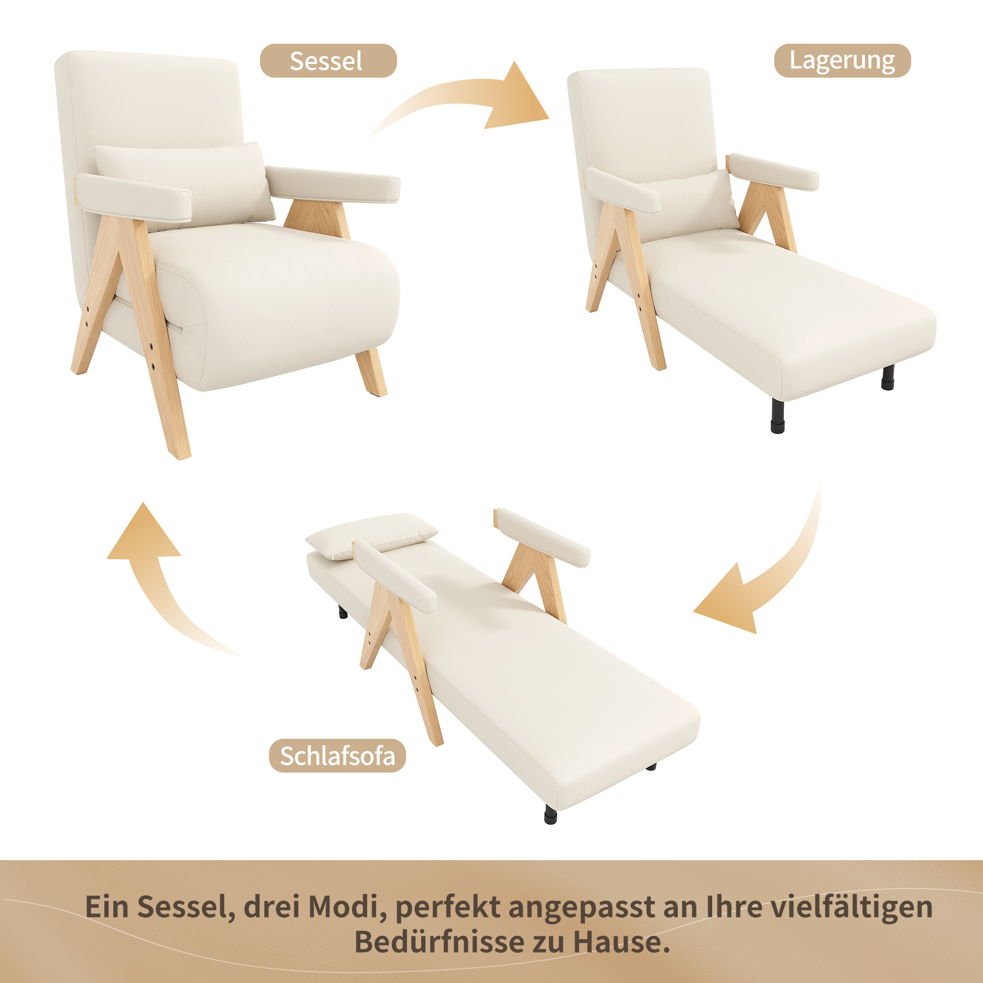 Lit d'appoint convertible 3 en 1 pour salon chambre bureau, effet lin beige, avec coussin et accoudoirs bois massif