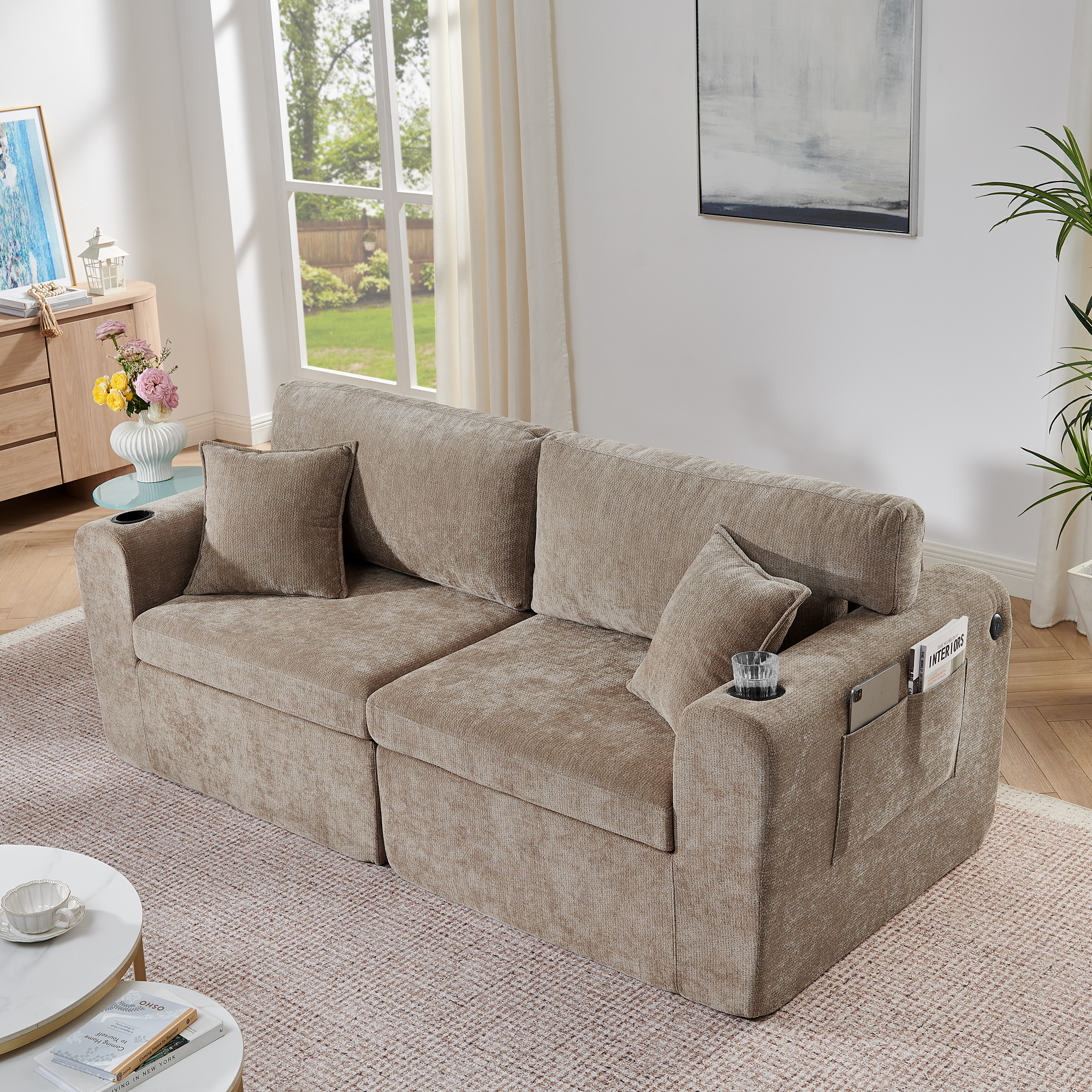 Canapé droit petit espace 2 places en tissu Chenille marron avec USB, tiroir et support boisson pour appartement
