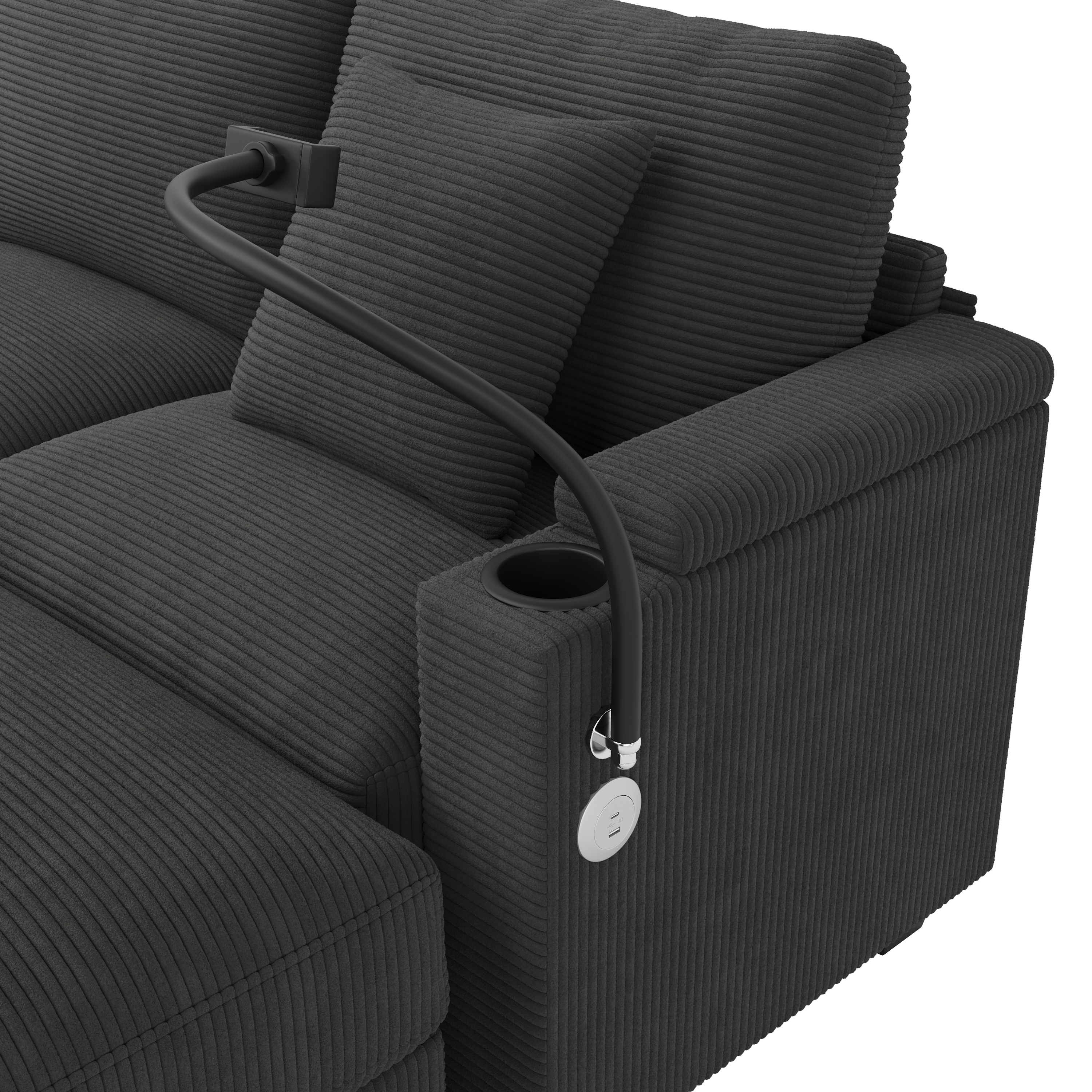 Canapé d'angle convertible en U avec LED, porte-gobelets et rangements intégrés dans les accoudoirs