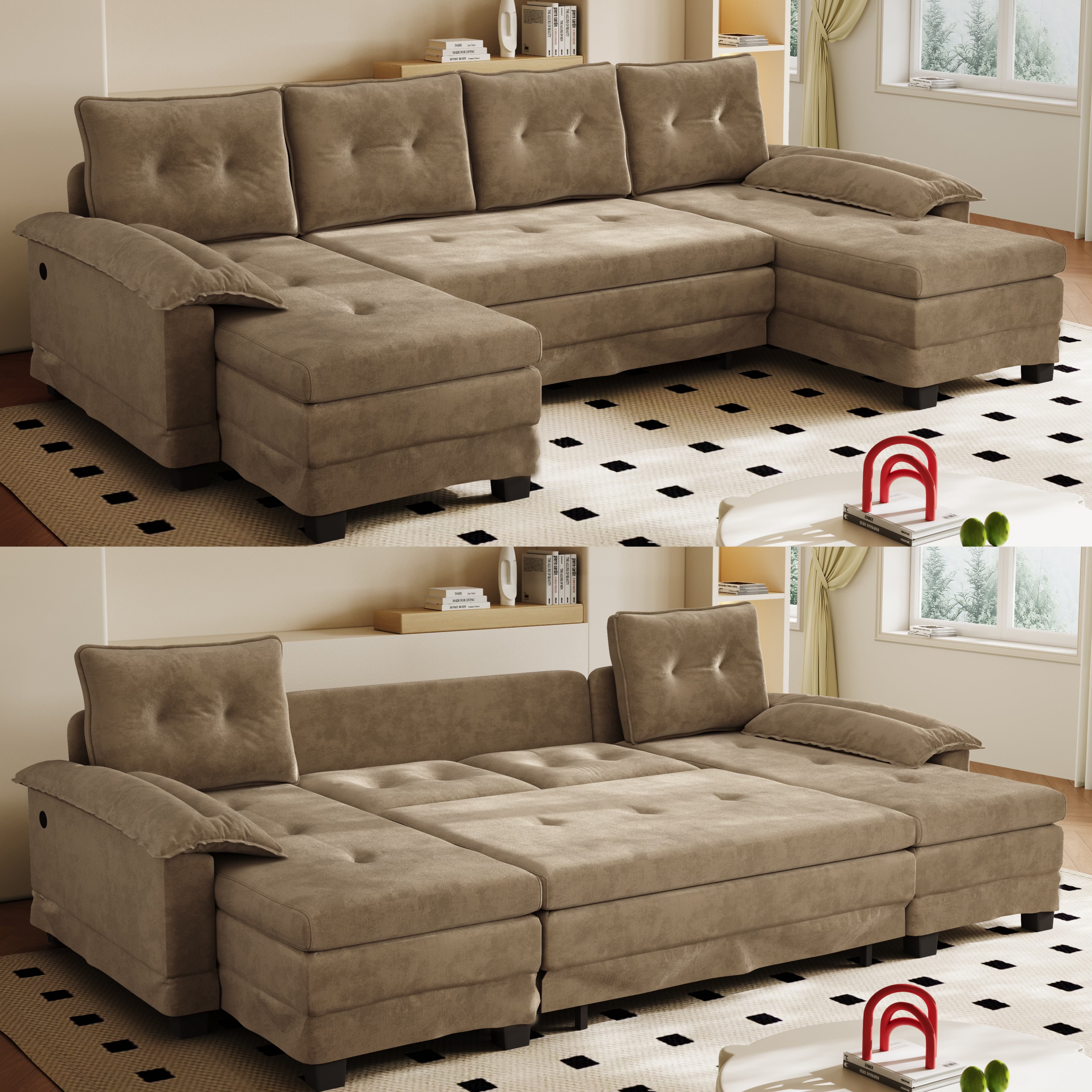 Fauteuil Panoramique en Chenille Khaki, Canapé Salon Moderne à Structure Modulaire et Chargeur USB Intégré