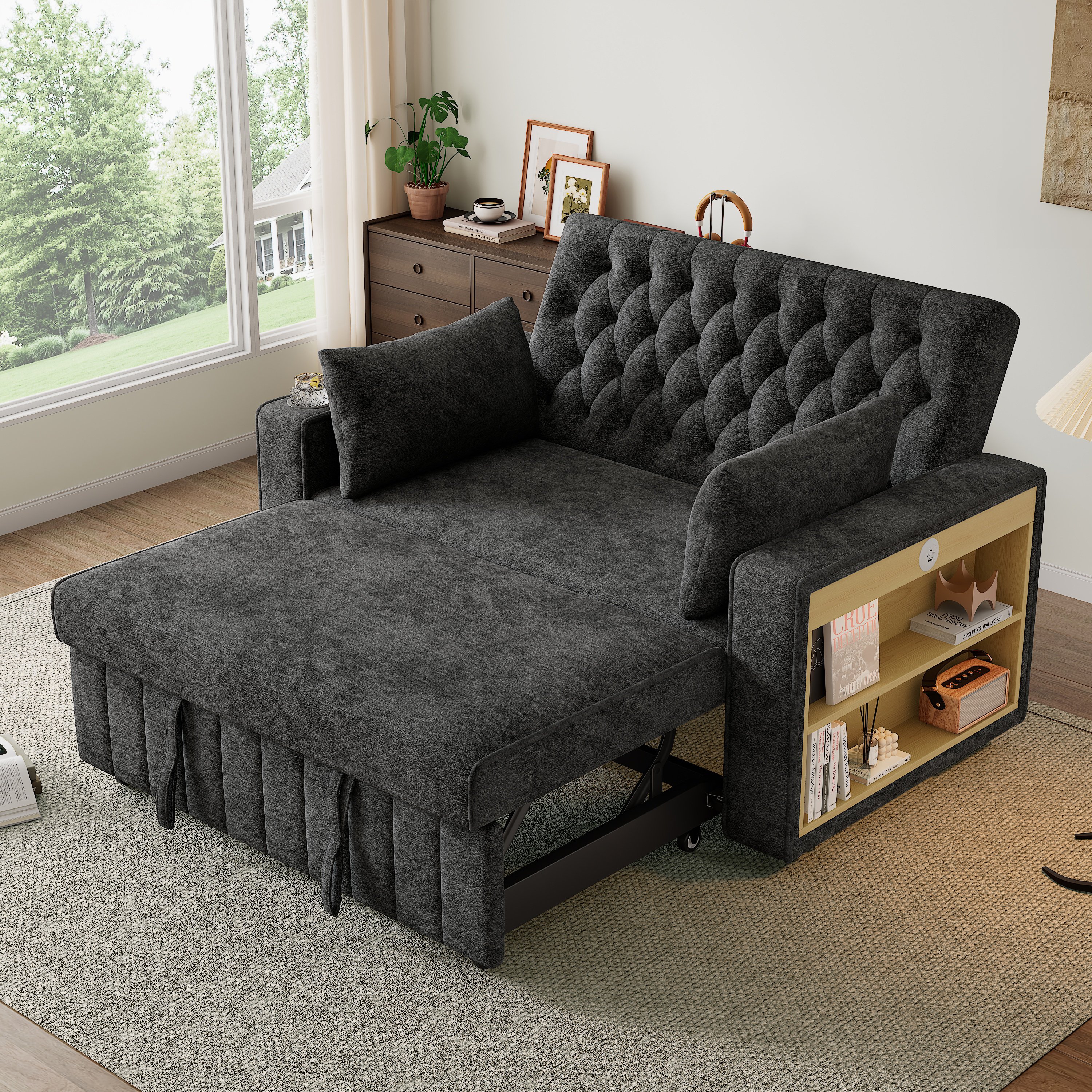 Lit rembourré avec rangement 140x137x84 cm, dossier réglable 3 positions et port USB intégré