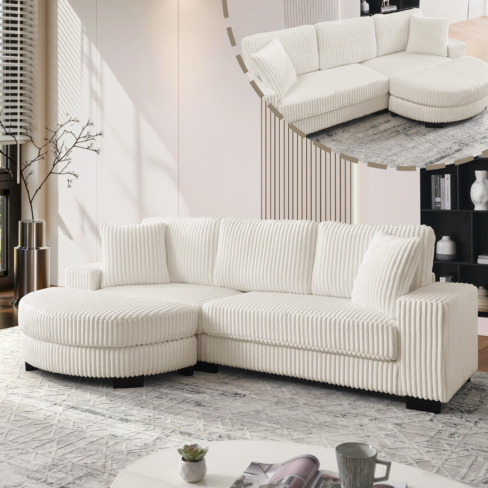 Canapé d'angle modulable 4 places avec pouf ovale réversible, tissu velours côtelé beige, structure bois eucalyptus