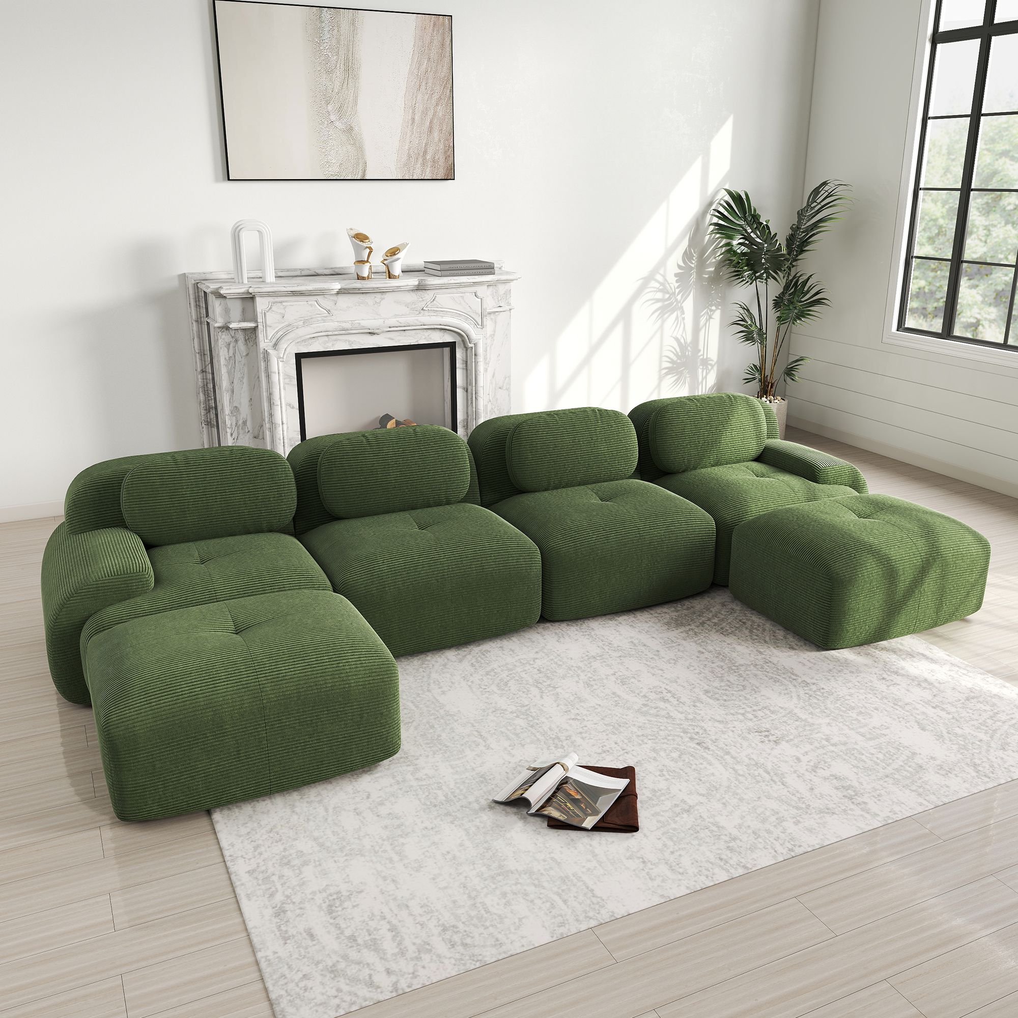 Canapé d'angle modulable sans montage en U vert en velours côtelé avec mousse 32D et 6 colis
