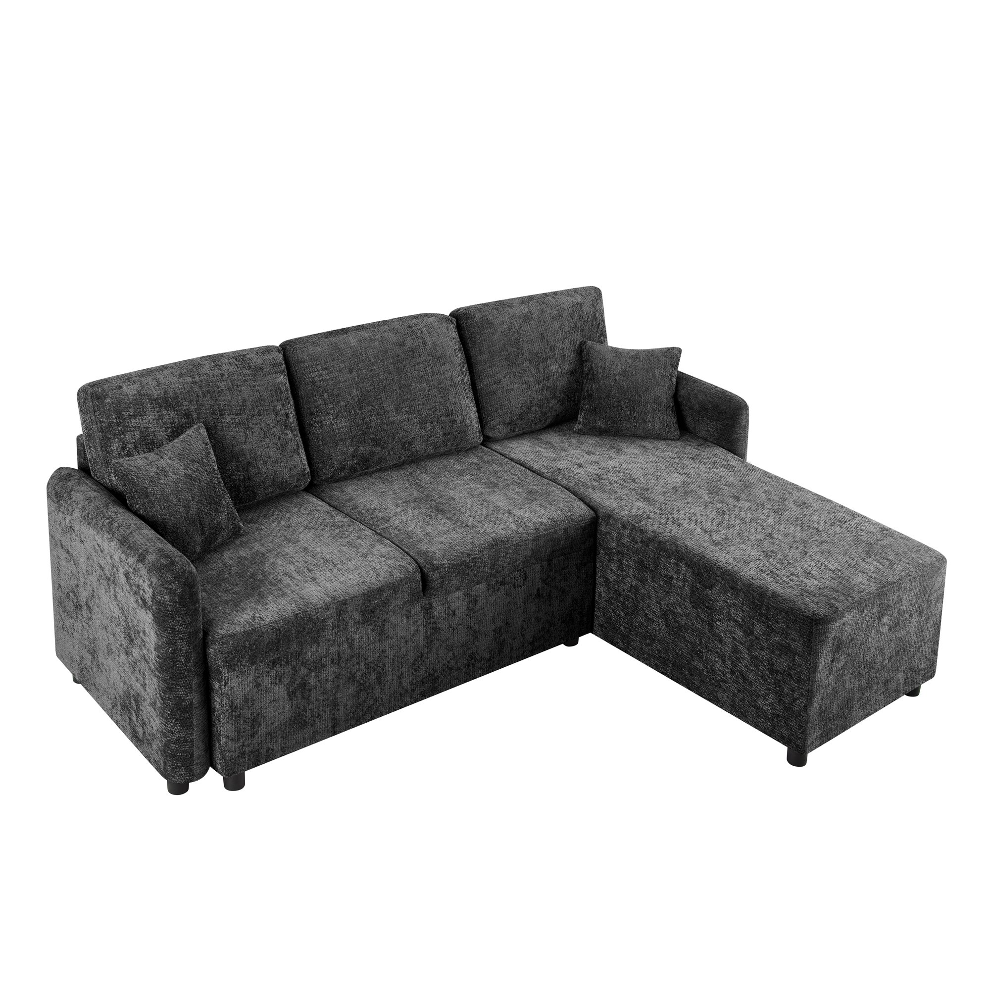 Petit canapé d'angle noir chenille 3 places avec longue méridienne idéal studio étudiant salon moderne sans montage complexe