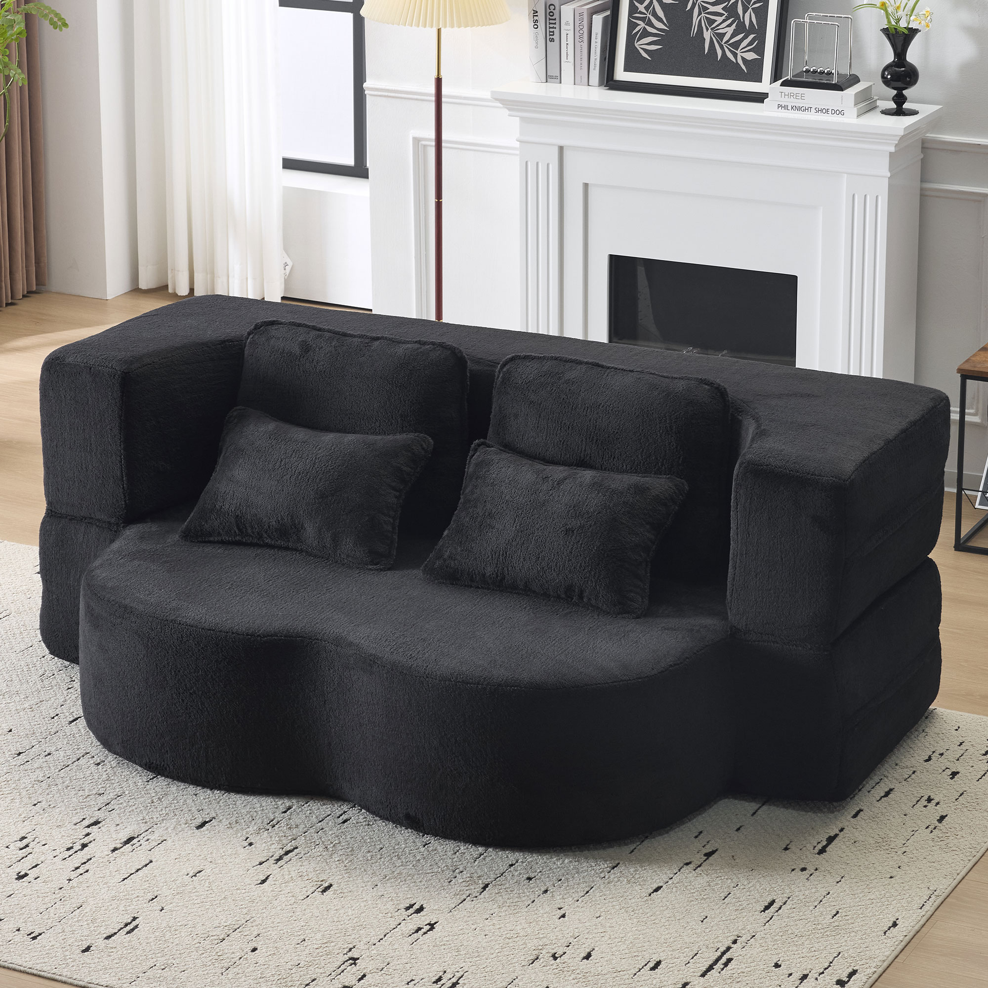 Canapé droit convertible lit noir, revêtement en velours haute densité, design moderne et confortable pour salon ou chambre d'amis, prêt à l'emploi