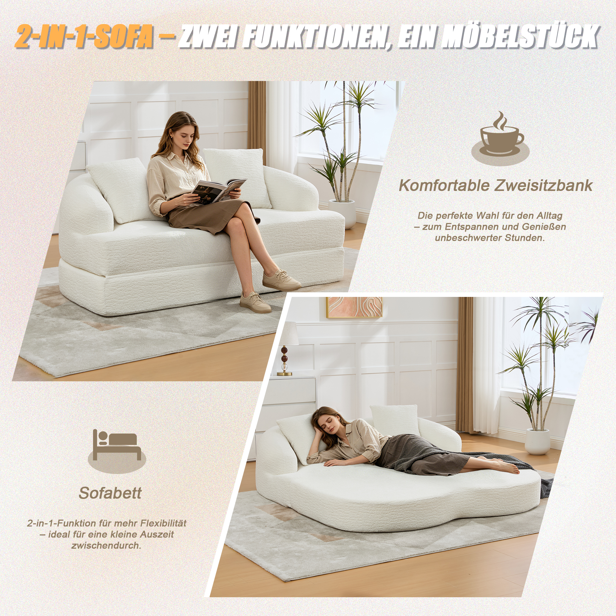 Canapé-lit convertible 2 places en chenille beige avec mousse haute élasticité et deux dossiers ergonomiques