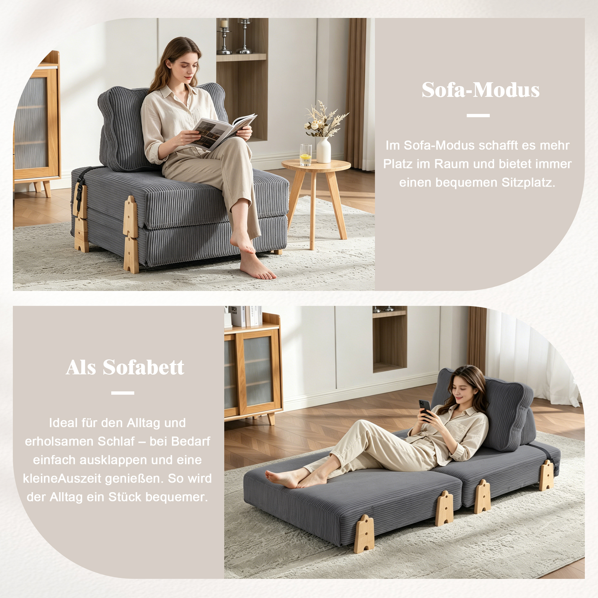 Lit rembourré en cord gris foncé avec structure en bois massif et assise en mousse, convertible en lit plat