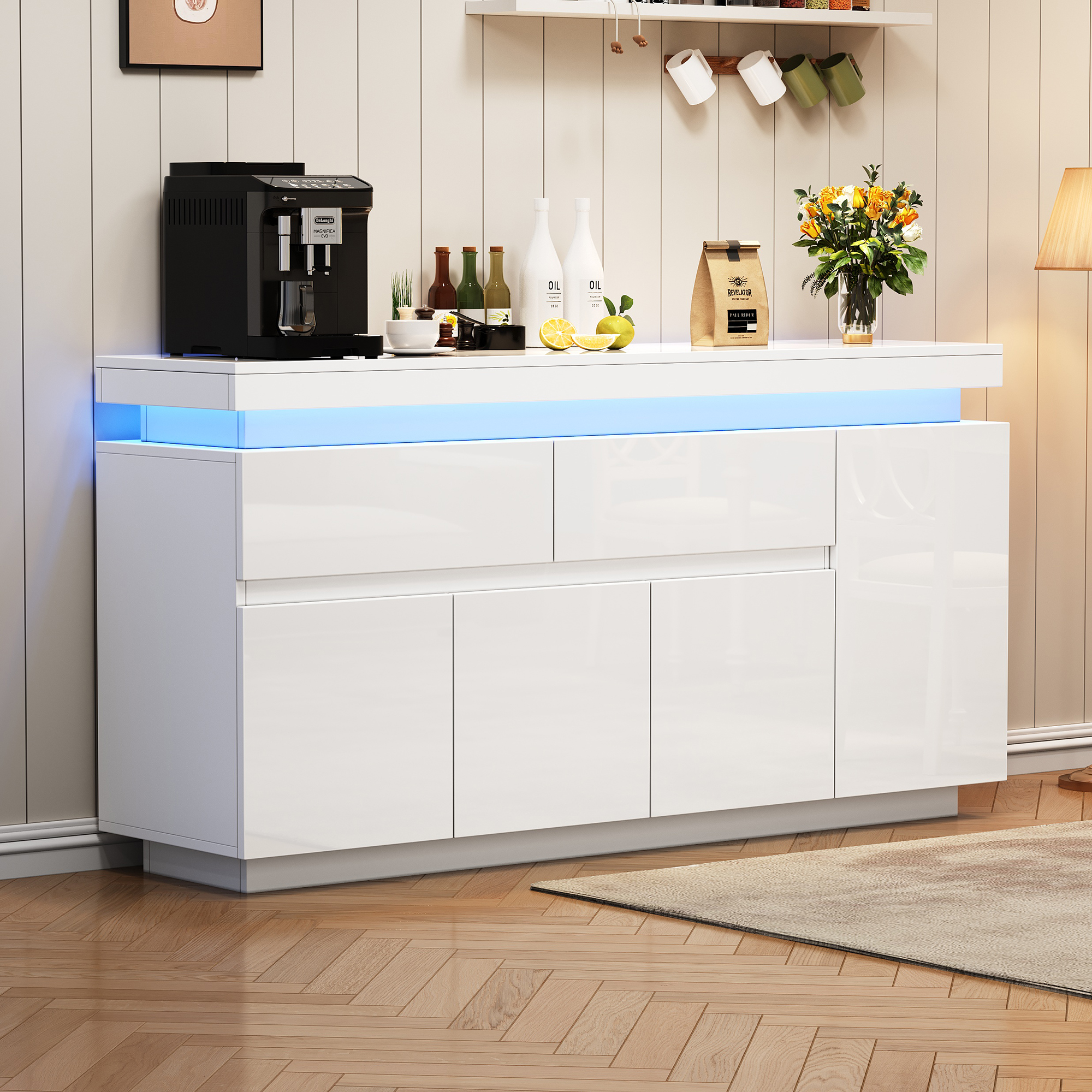 Buffet Blanc Panneaux de Particules avec Surface Haut Gloss, 140x35x72,5 cm, 2 Tiroirs et 4 Portes