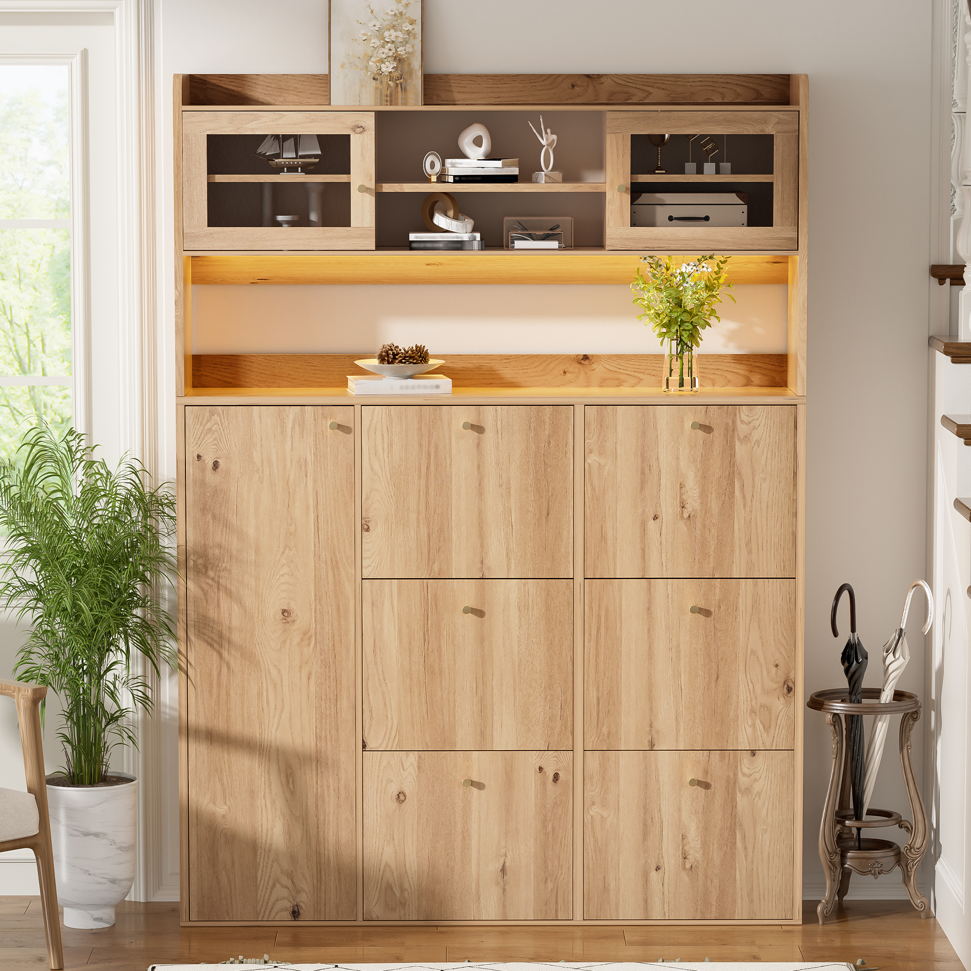 Meuble à chaussures moderne avec LED et porte vitrée, 6 niveaux modulables, largeur 130 cm, couleur naturel