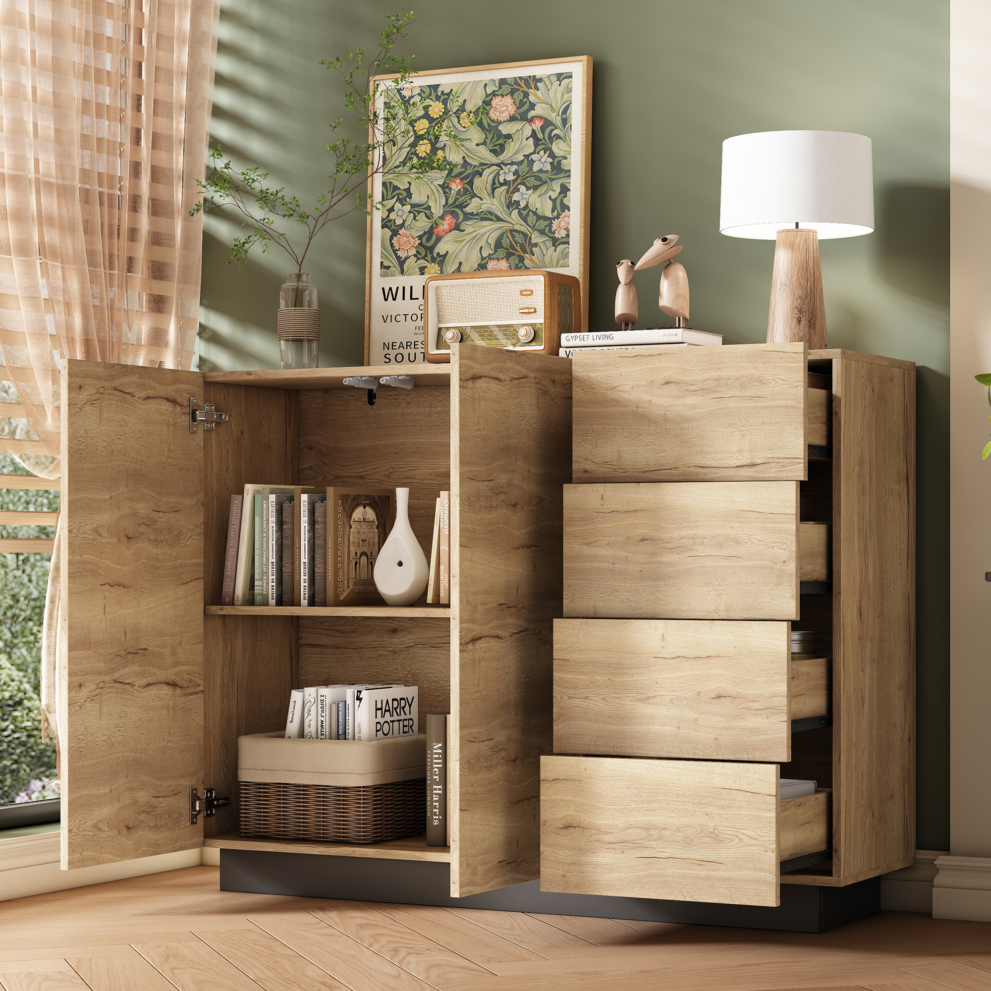Buffet en Panneau de Particules, Meuble de Rangement 120x90,5cm, Structure Noire et Naturelle, 4 Tiroirs Intégrés et 2 Portes