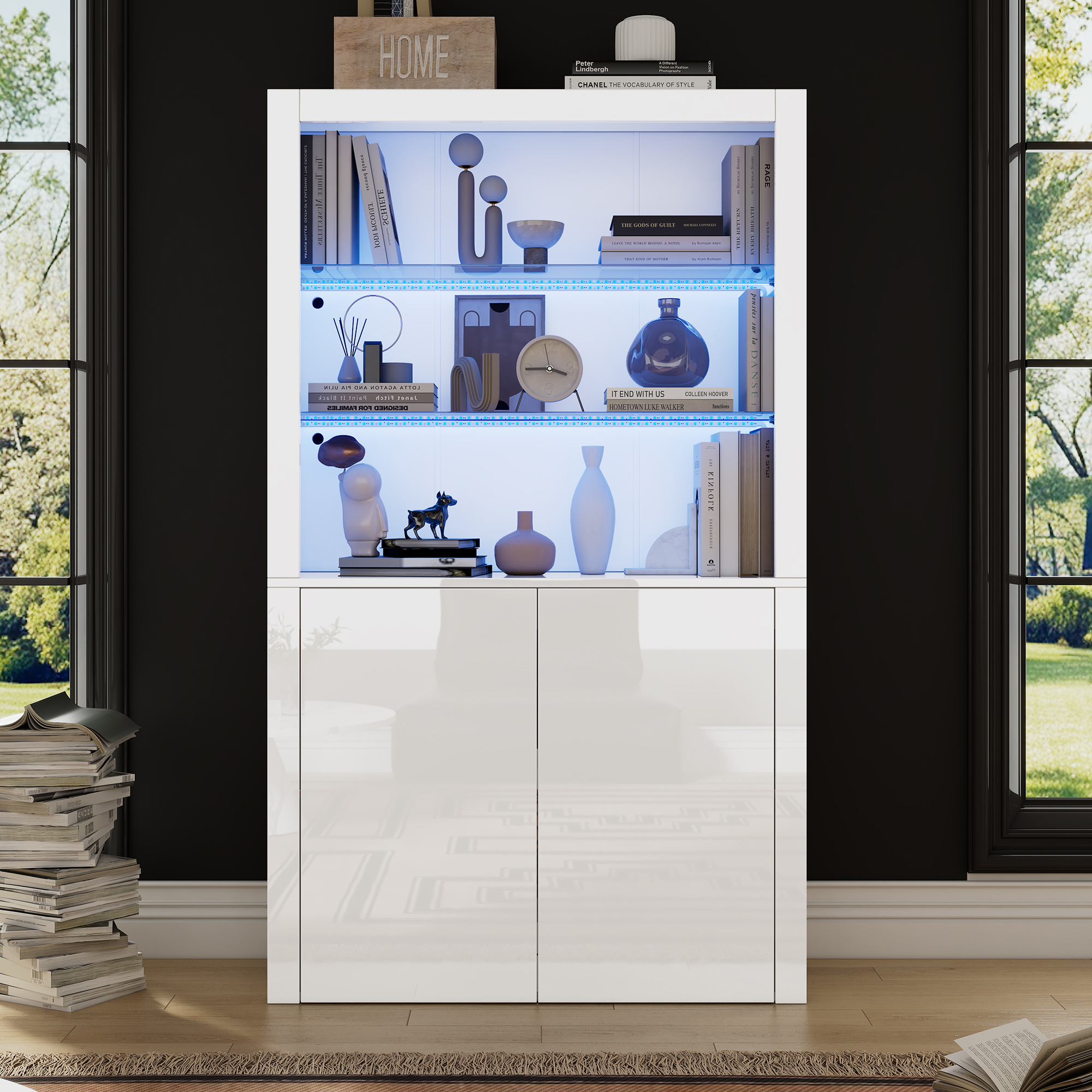 Vitrine LED Blanche Panneau composite de fibres de bois à densité Verre Trempé 100x35x170 cm Meuble Rangement Salon Étagère Exposition Lumineuse Design Moderne