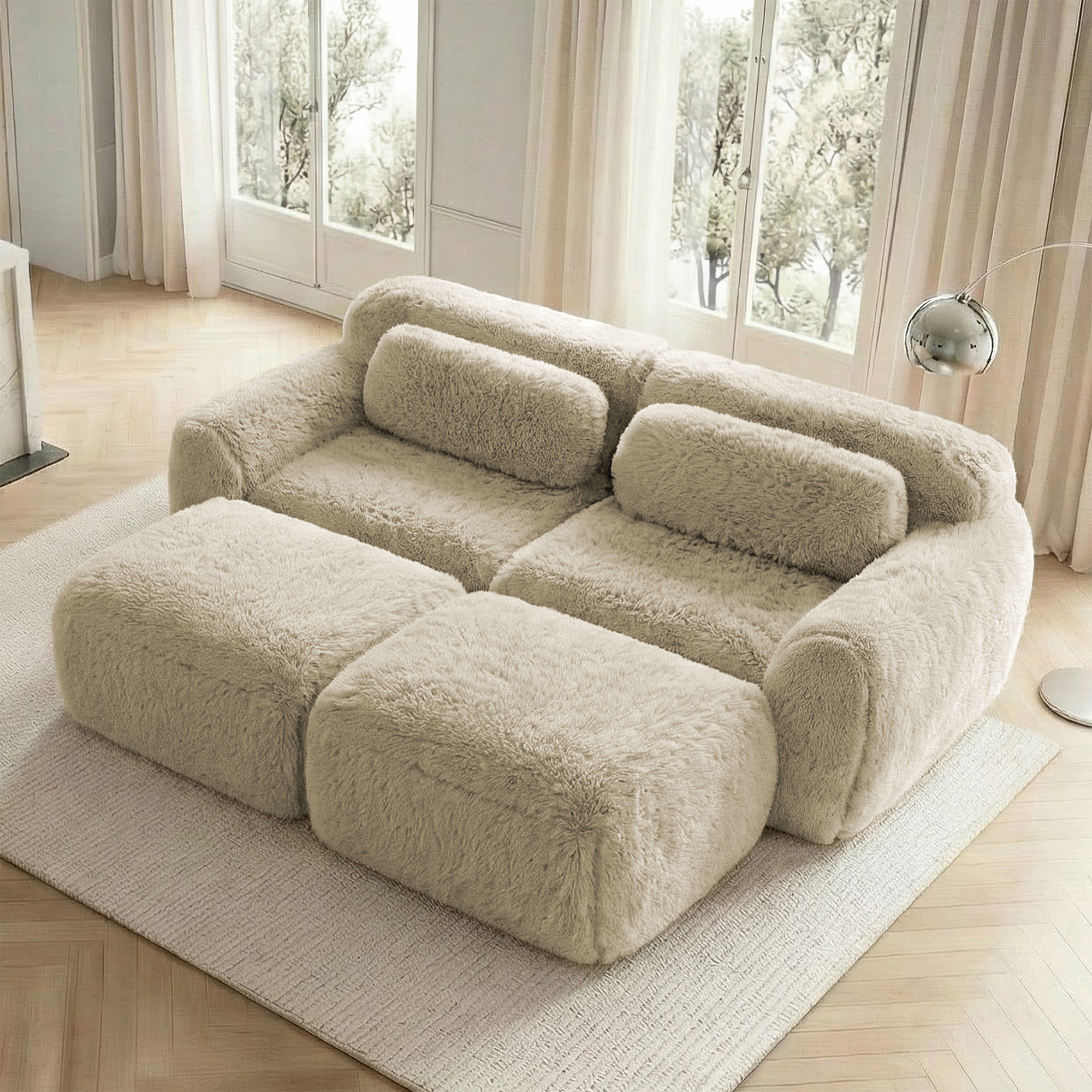Canapé Modulable 2 Places Tissu Peluche Beige Kaki Clair Structure Stable Mousse Haute Résilience Design Contemporain Salon