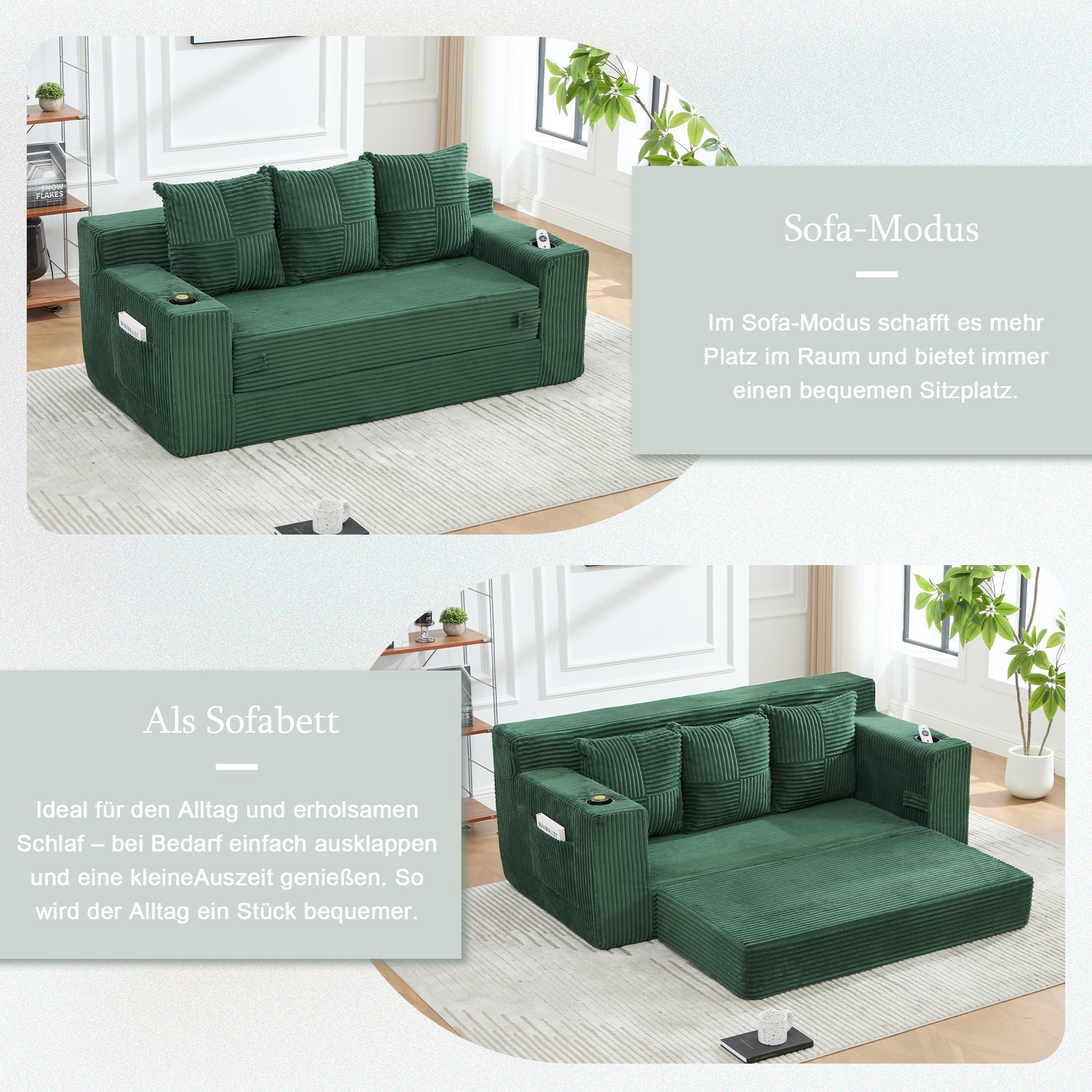 Canapé Modulable 2 Places Velours Côtelé Vert Émeraude Design Contemporain Avec Rangement Latéral Et Porte-Gobelets Intégrés