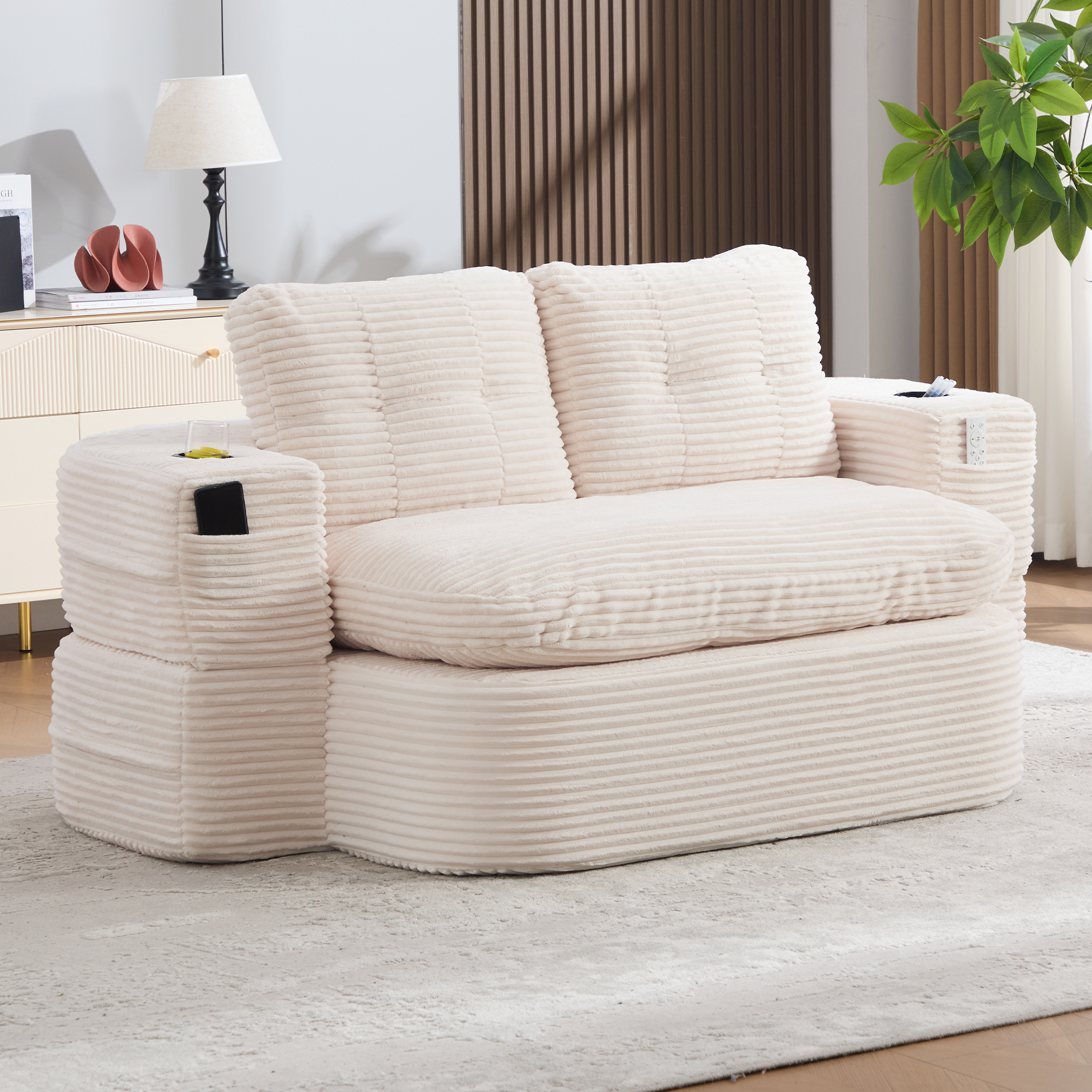 Canapé 2 places en velours côtelé beige, structure sans cadre en mousse haute densité et assise extra profonde