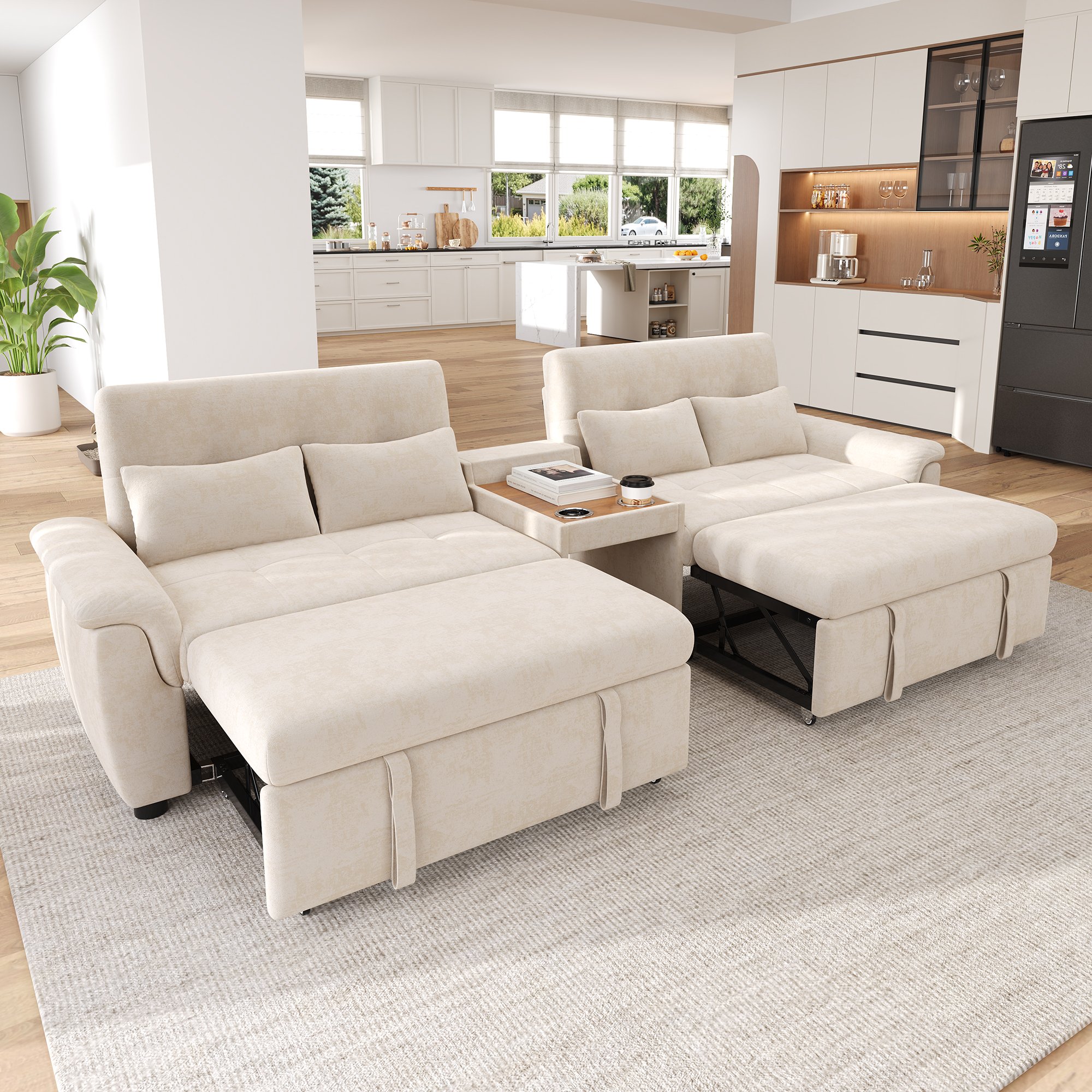 Canapé-lit en U beige chenille 284x138cm avec double couchage extensible, dossier réglable et espace domestiques