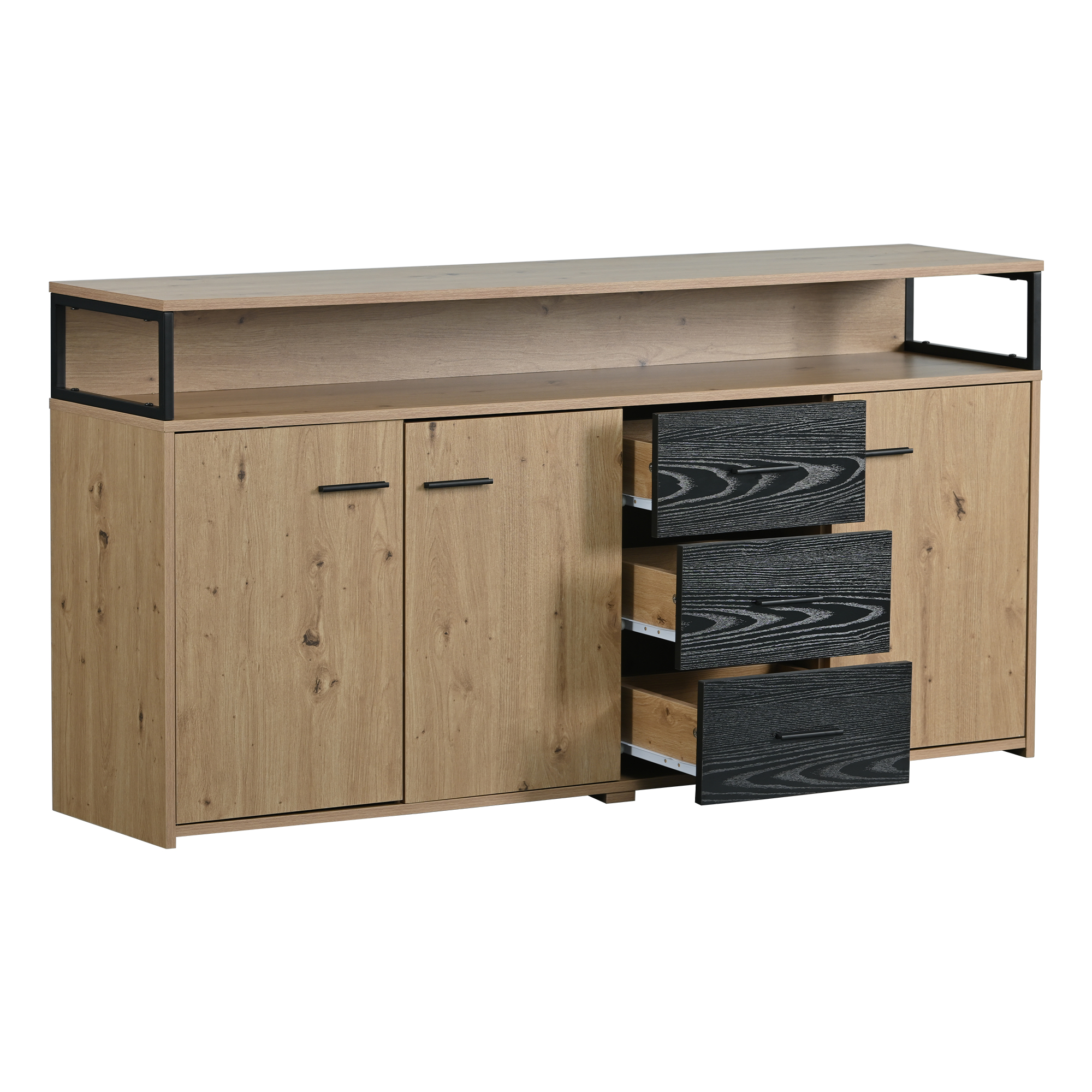 Buffet de cuisine en panneaux de particules avec poignées métalliques, Structure robuste 150x35x75,9 cm noir