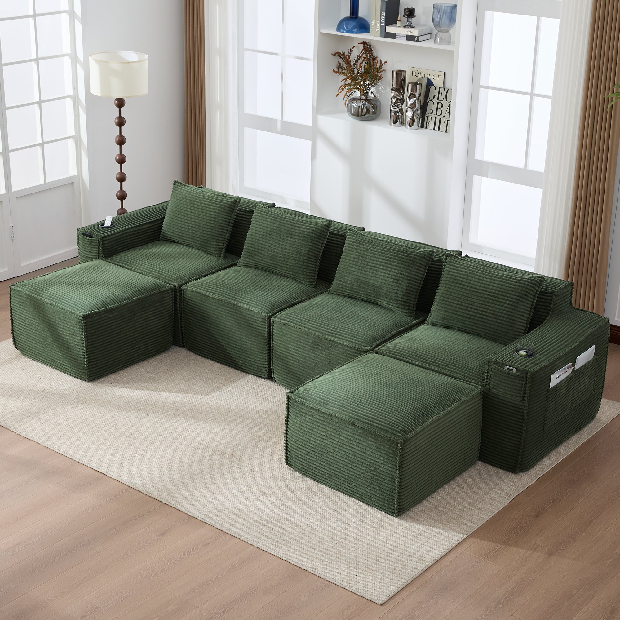 Canapé modulable 4 places vert en tissu corduroy avec 2 poufs, porte-gobelets intégrés, poches latérales et coussins dorsaux fermes, sans montage requis