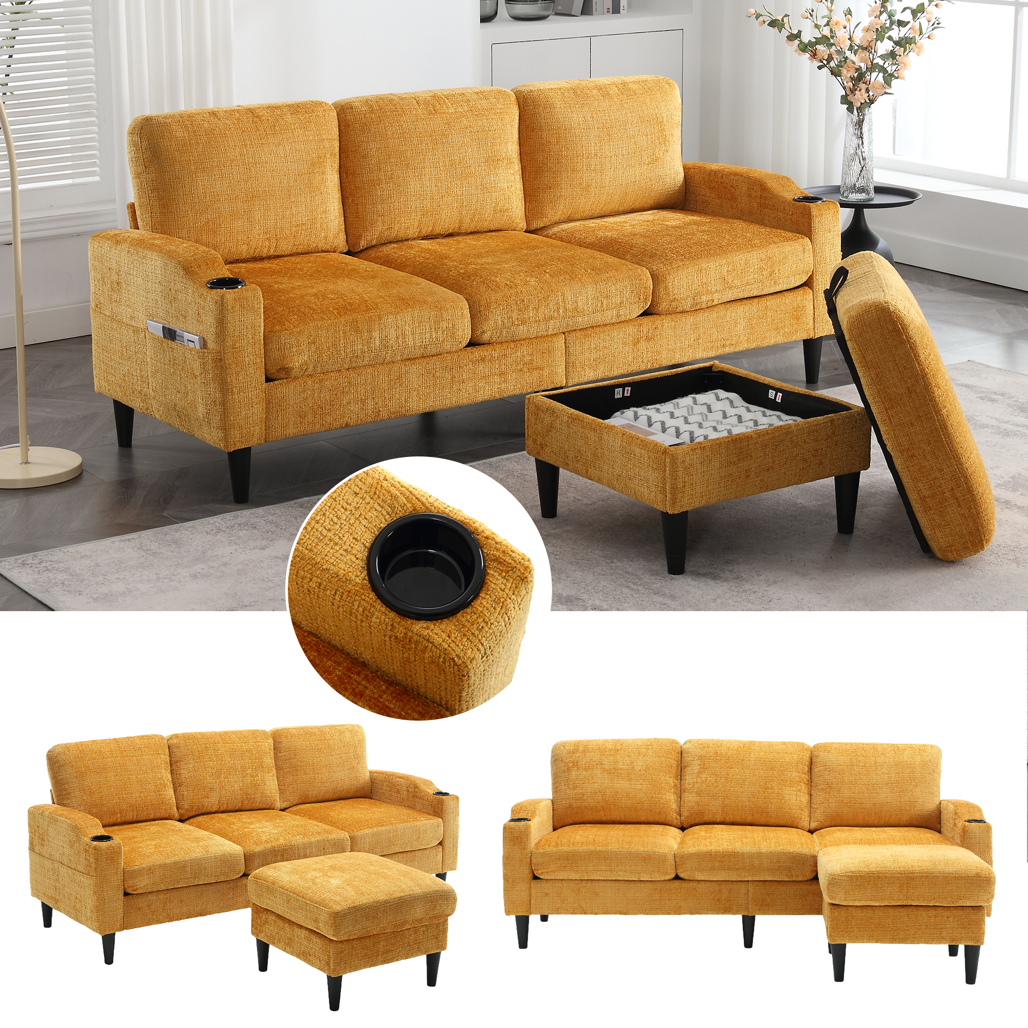 Canapé 4 places en chenille jaune avec hocker et rangement intégré, accoudoirs et porte-gobelets