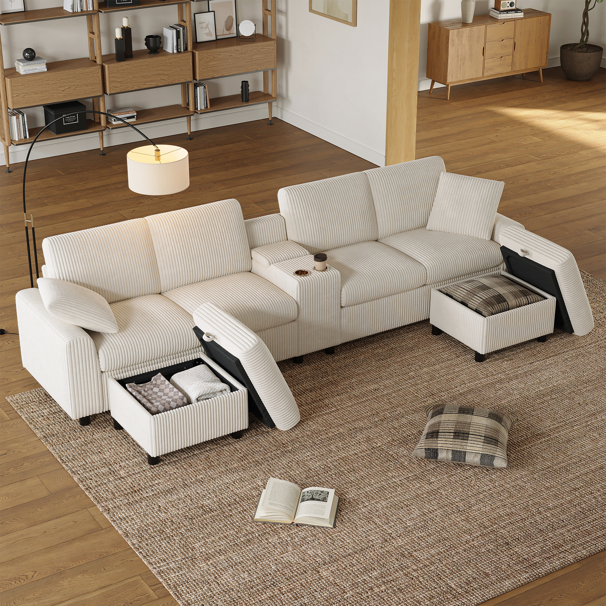 Canapé en U beige en velours côtelé avec coffre, 2 poufs, table basse et prises USB Type-C, 315 cm