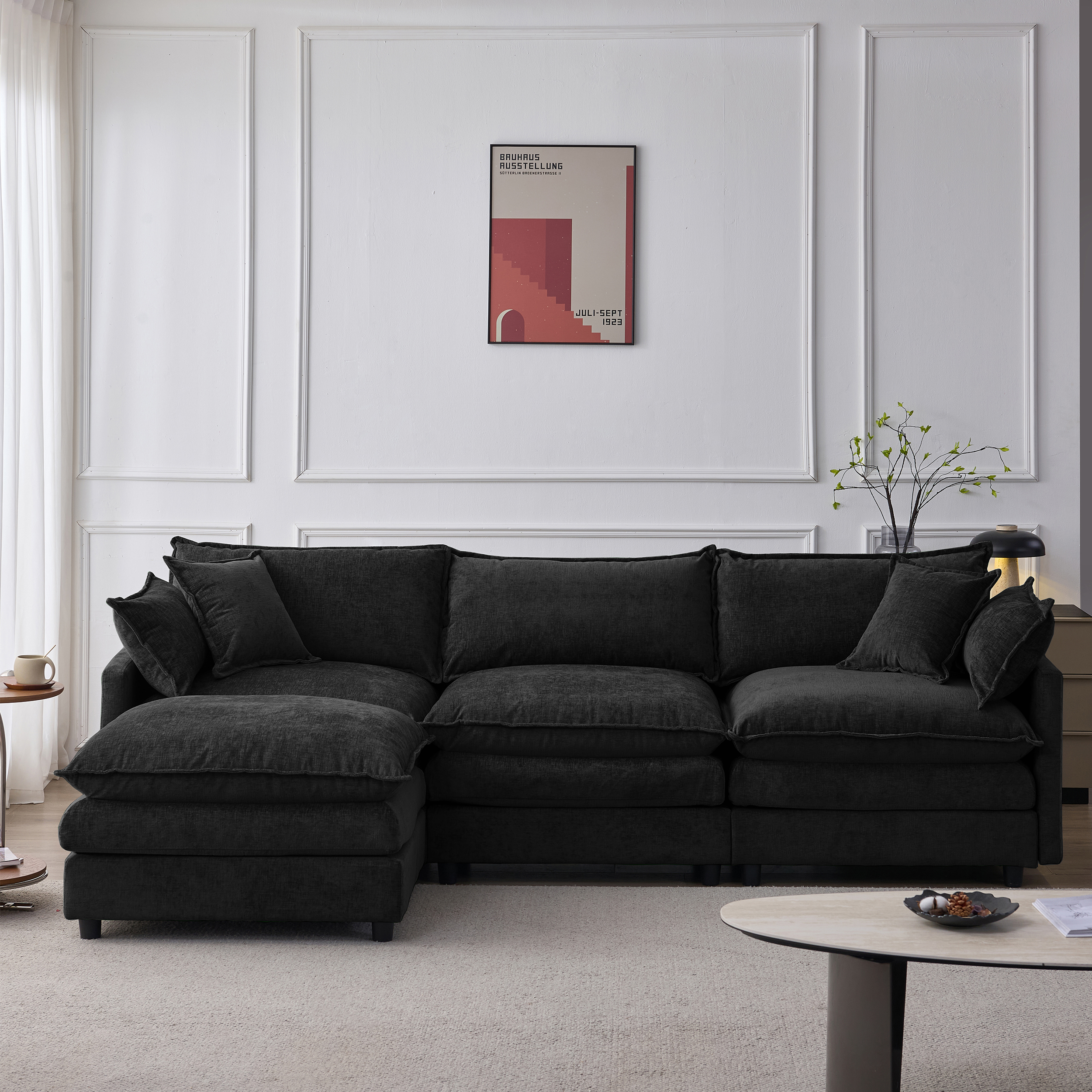 Méridienne Canapé d'angle 3 places Noir en Tissu Chenille avec Pouf Modulaire et Rangement Intégré pour Salon Moderne