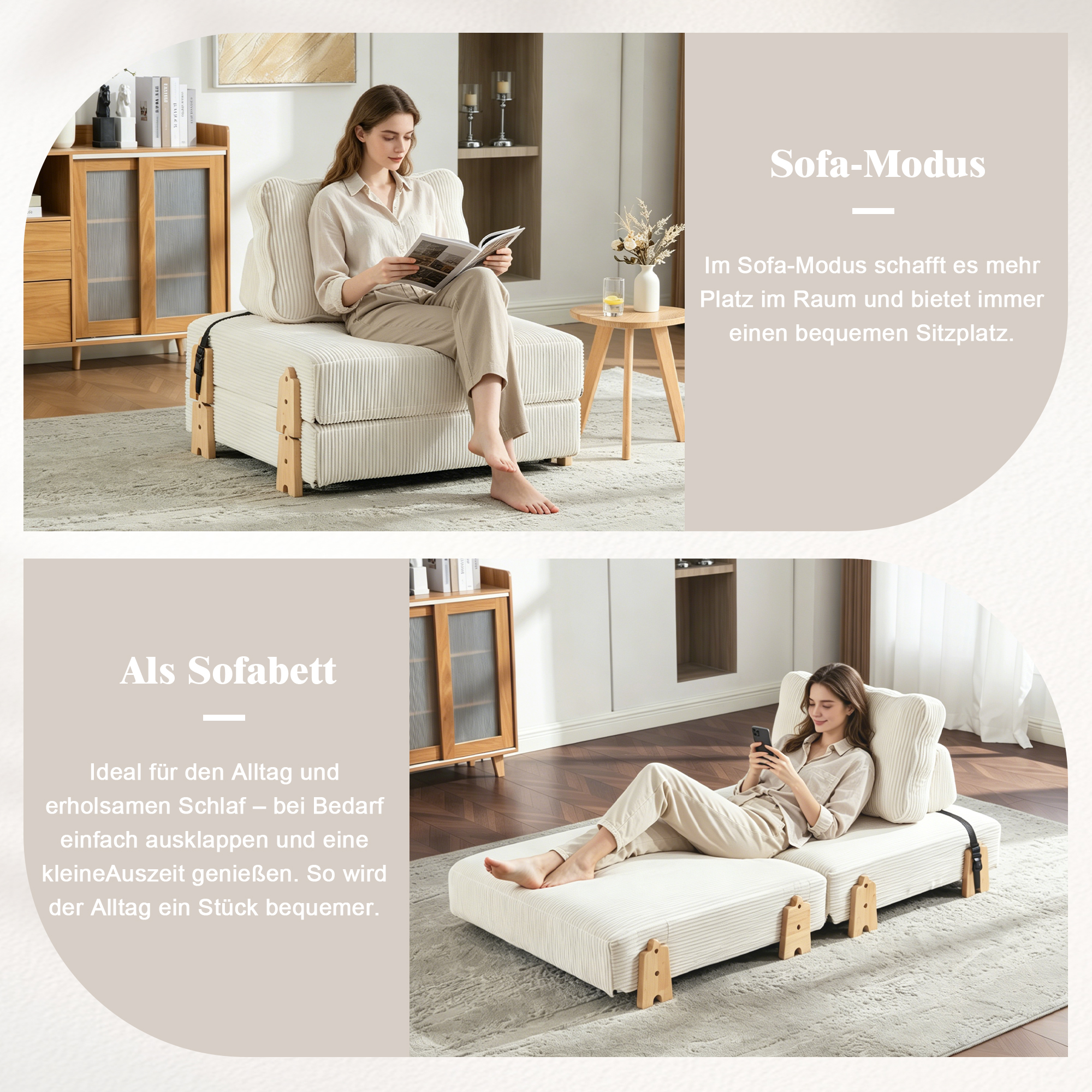 Lit rembourré scandinave beige 90x170 cm en velours côtelé avec structure en bois massif pour petit espace