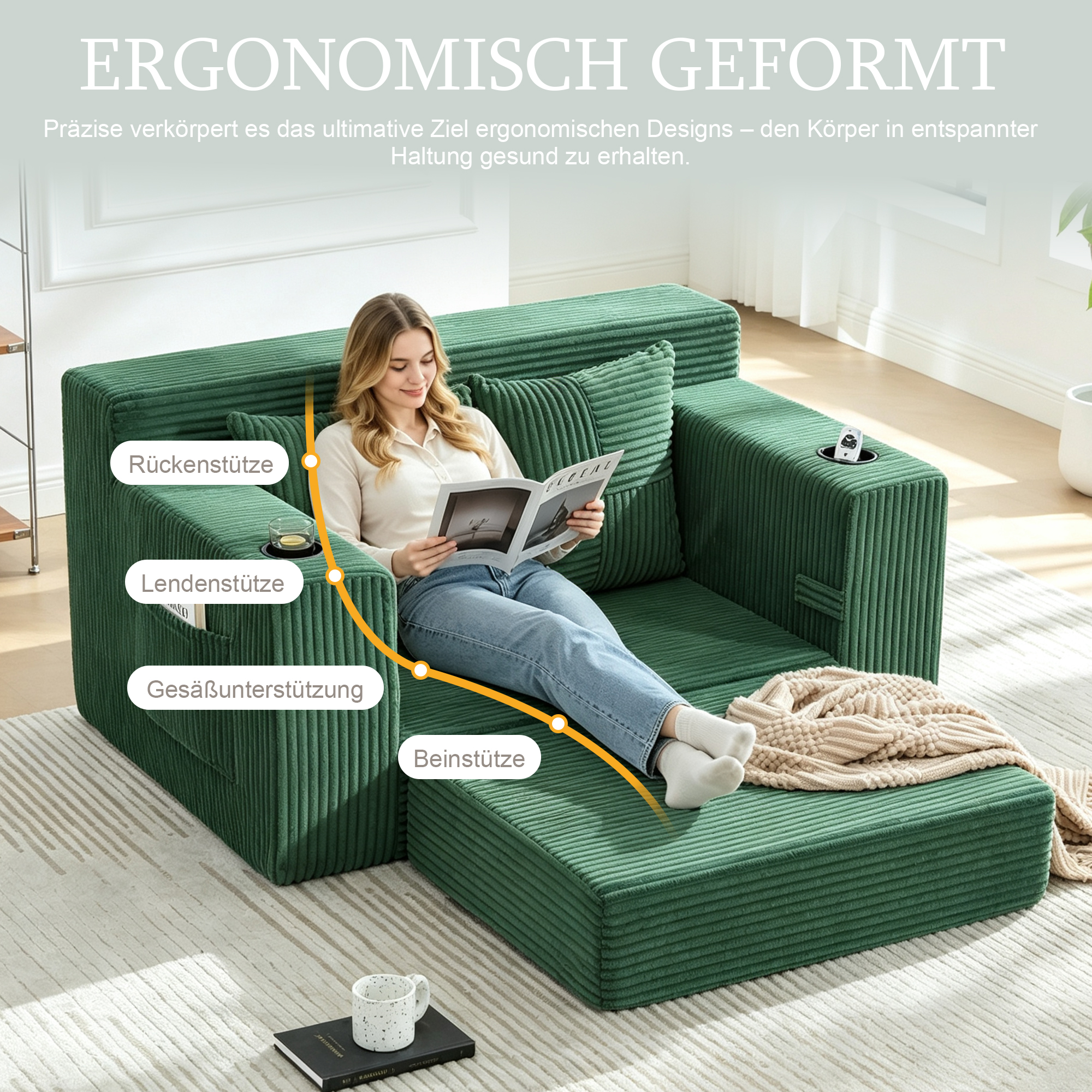 Canapé Droit En Velours Côtelé Vert Émeraude Structure Robuste Capacité 150kg Revêtement Tissu Doux Avec Pieds Décoratifs