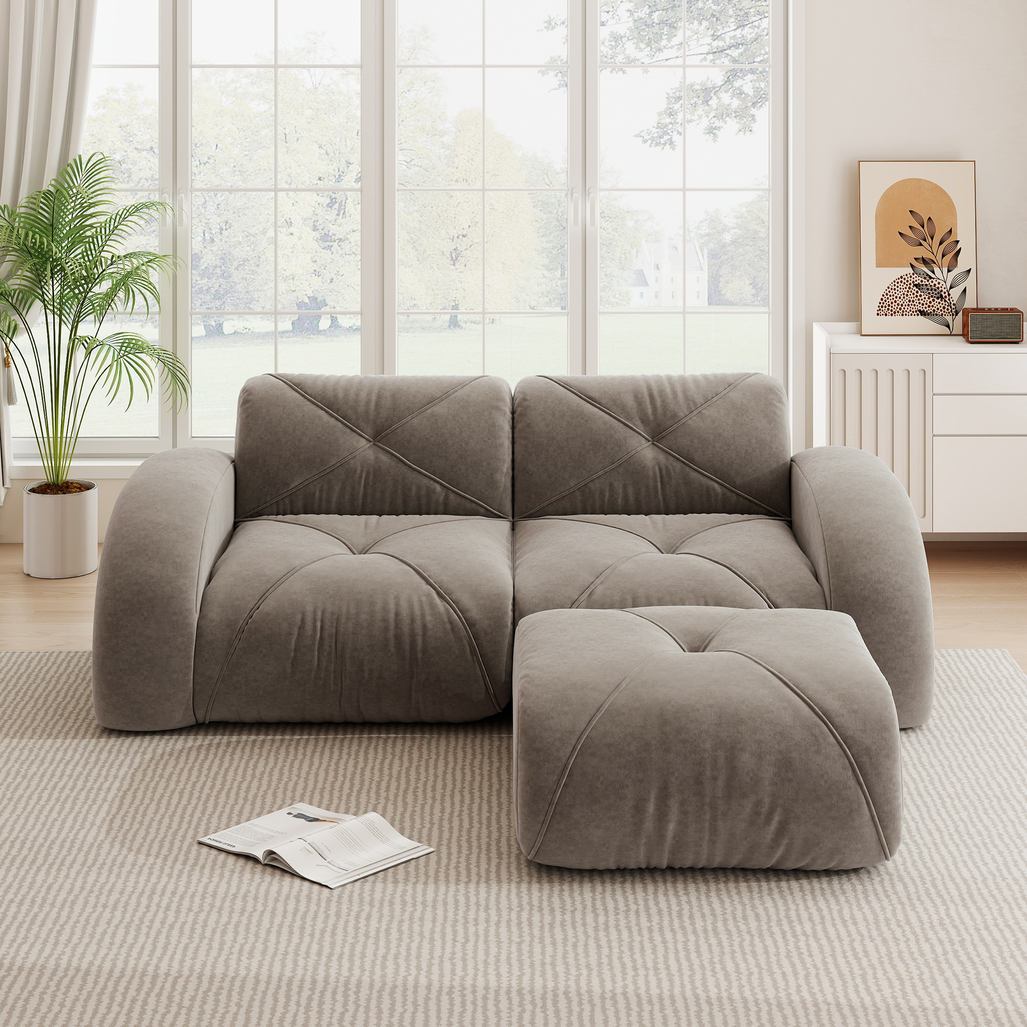 Canapé modulable 2 places avec pouf, revêtement en tissu Chenille taupe, structure stable et confortable pour salon contemporain