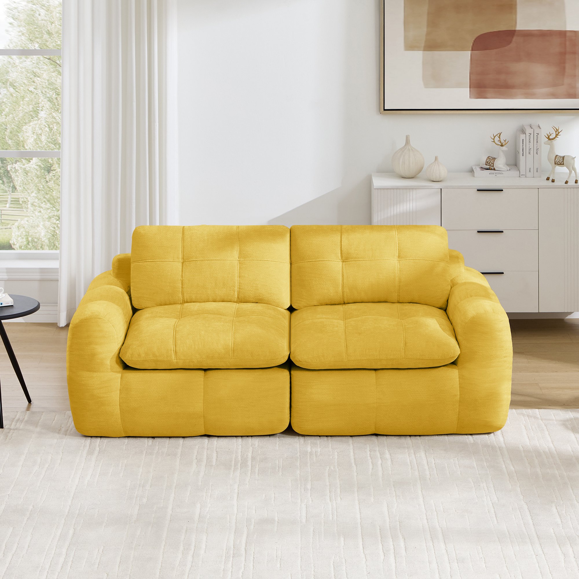Canapé 2 places modulable en chenille jaune avec assise profonde, mousse haute densité 32D, design minimaliste sans assemblage pour salon ou chambre