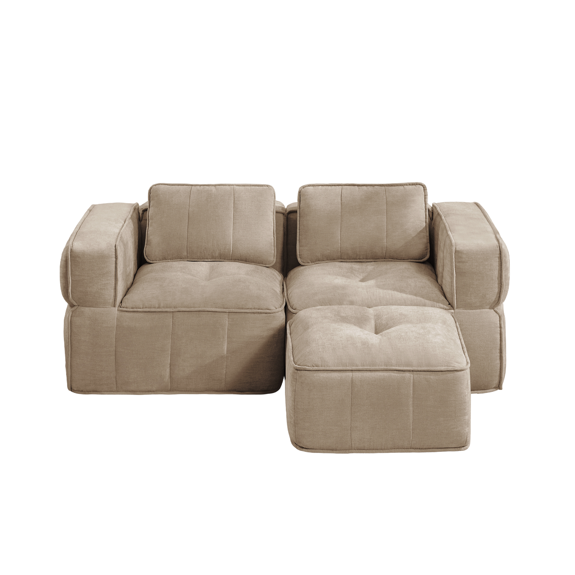 Canapé 2 places dimensions 198x162x67 cm, charge max 550 kg, poids 42,8 kg, livré en 3 colis, format L avec ottoman inclus