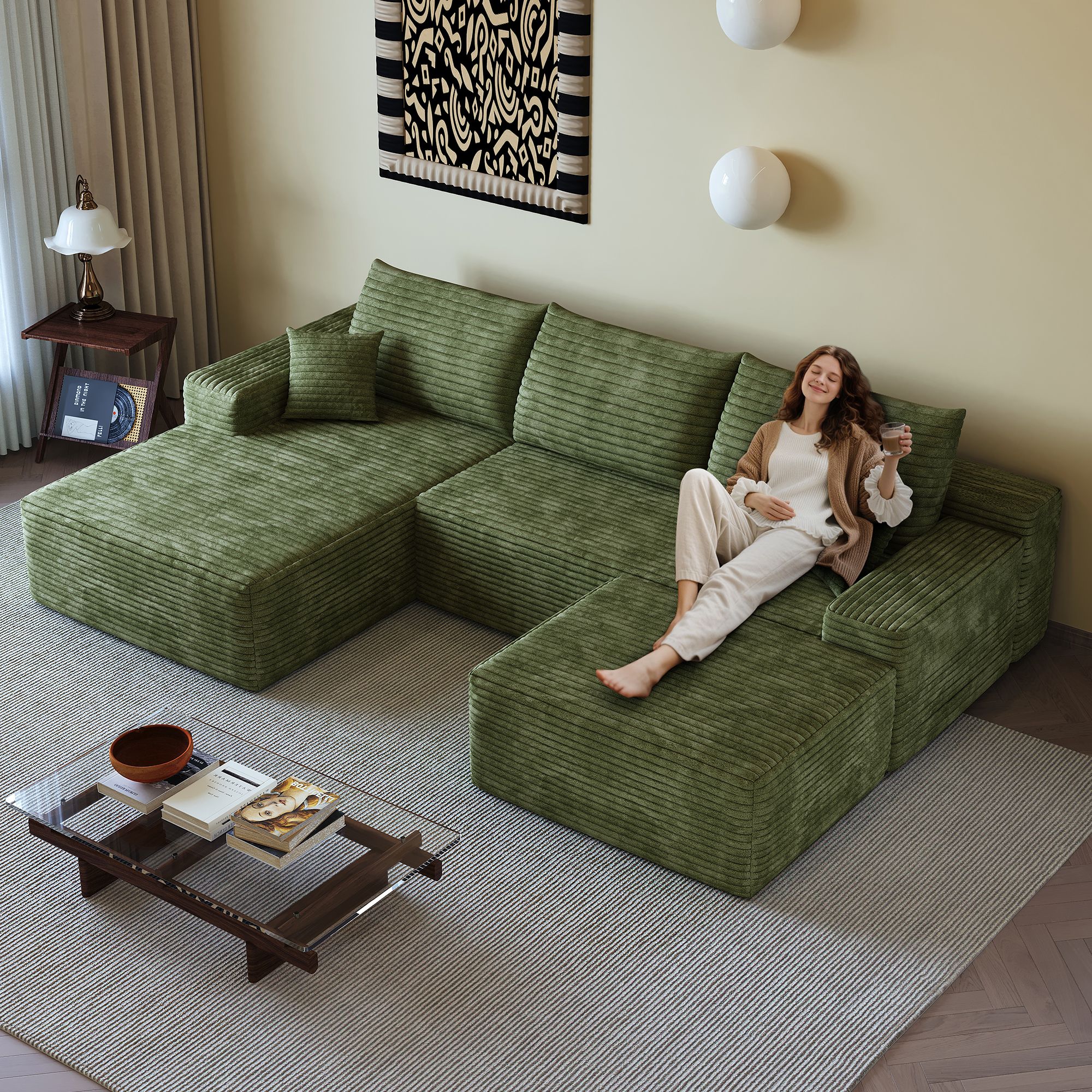 Canapé d'angle vert 270x175cm en tissu côtelé, module sans montage, assise profonde et confort mousse haute élasticité pour salon moderne