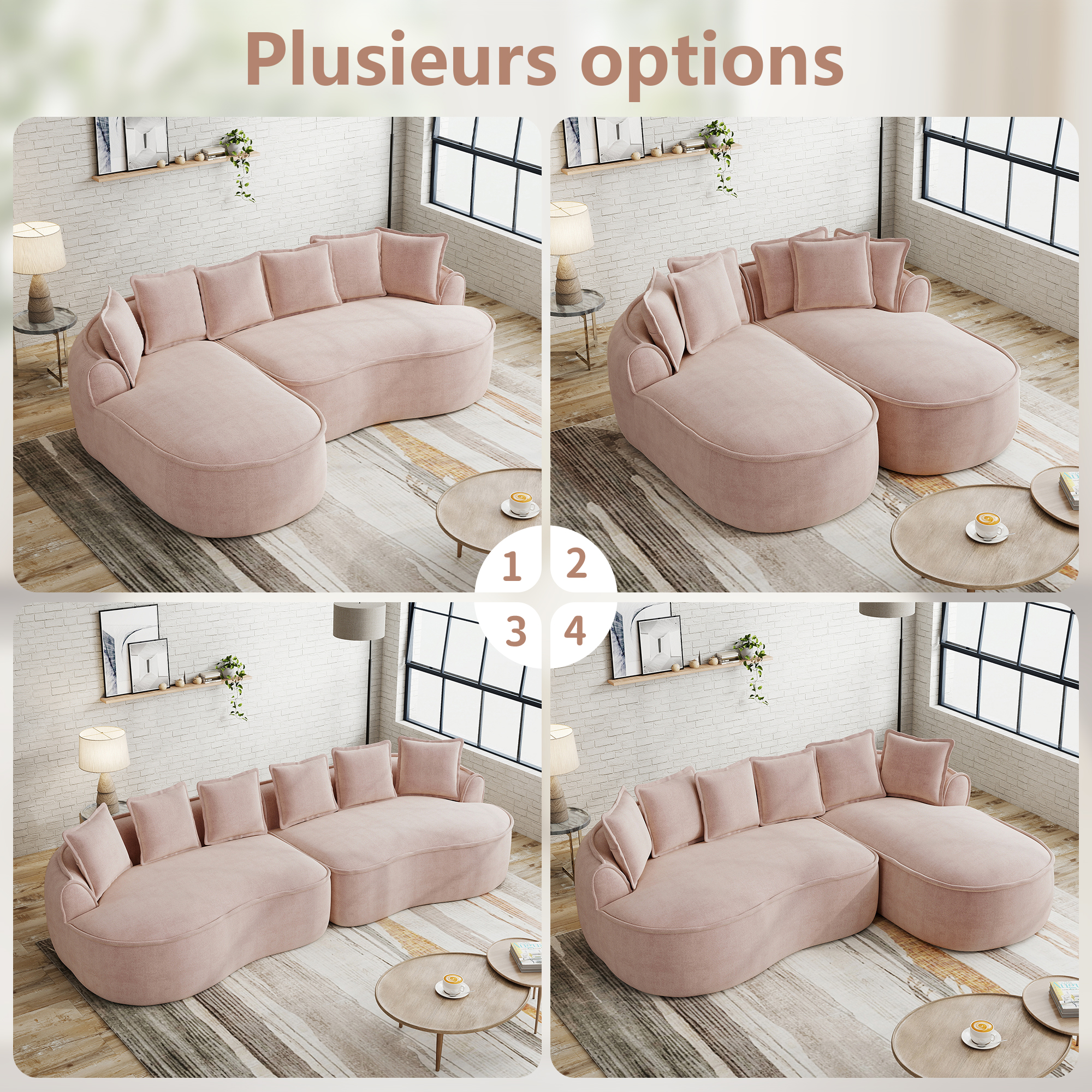 Méridienne Modulable Canapé Salon Contemporain Tissu Chenille Rose Profonde Extra Large Confortable