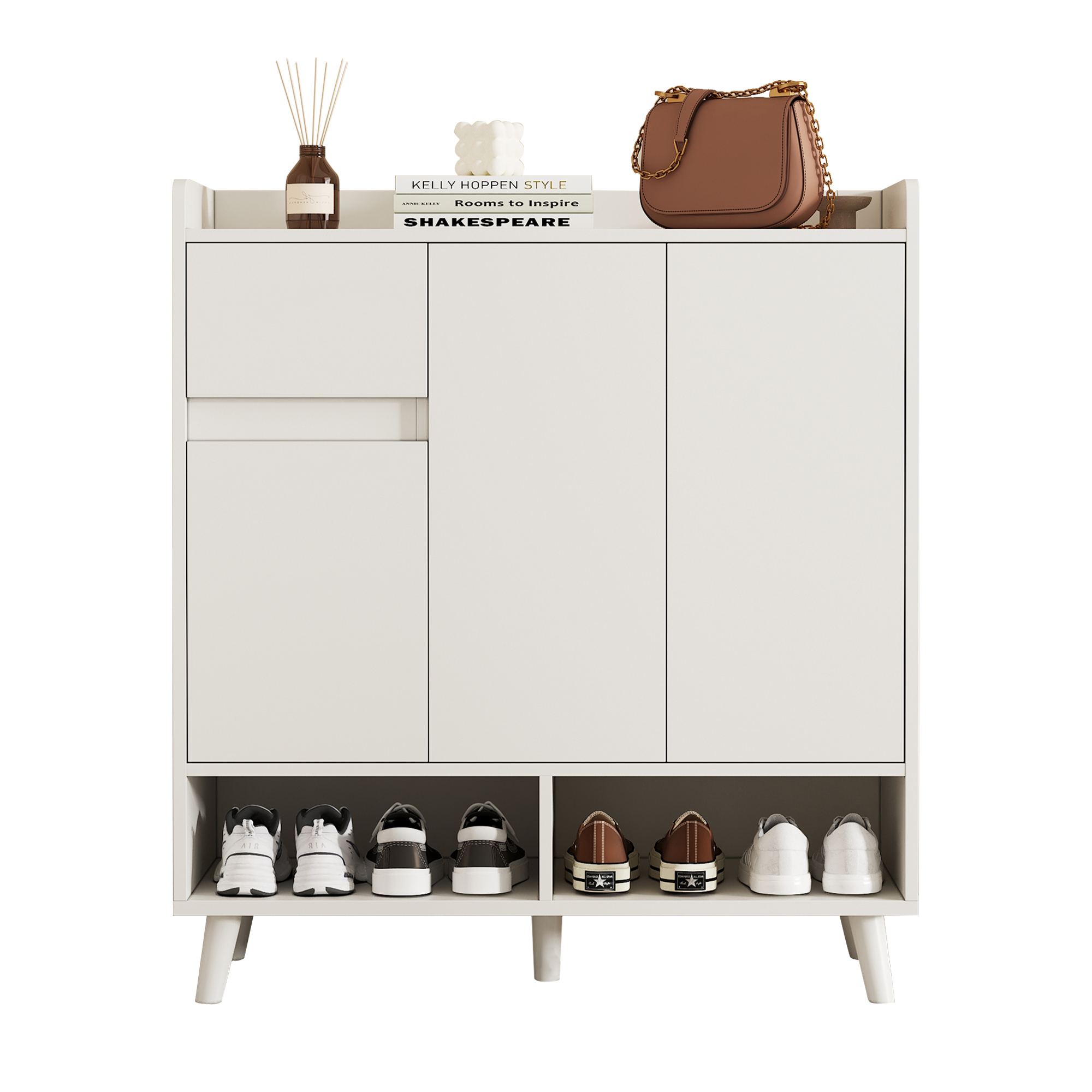 Meuble à chaussures blanc, Meuble de rangement moderne avec étagères réglables et pieds en bois massif, Dimensions 90x35x99 cm