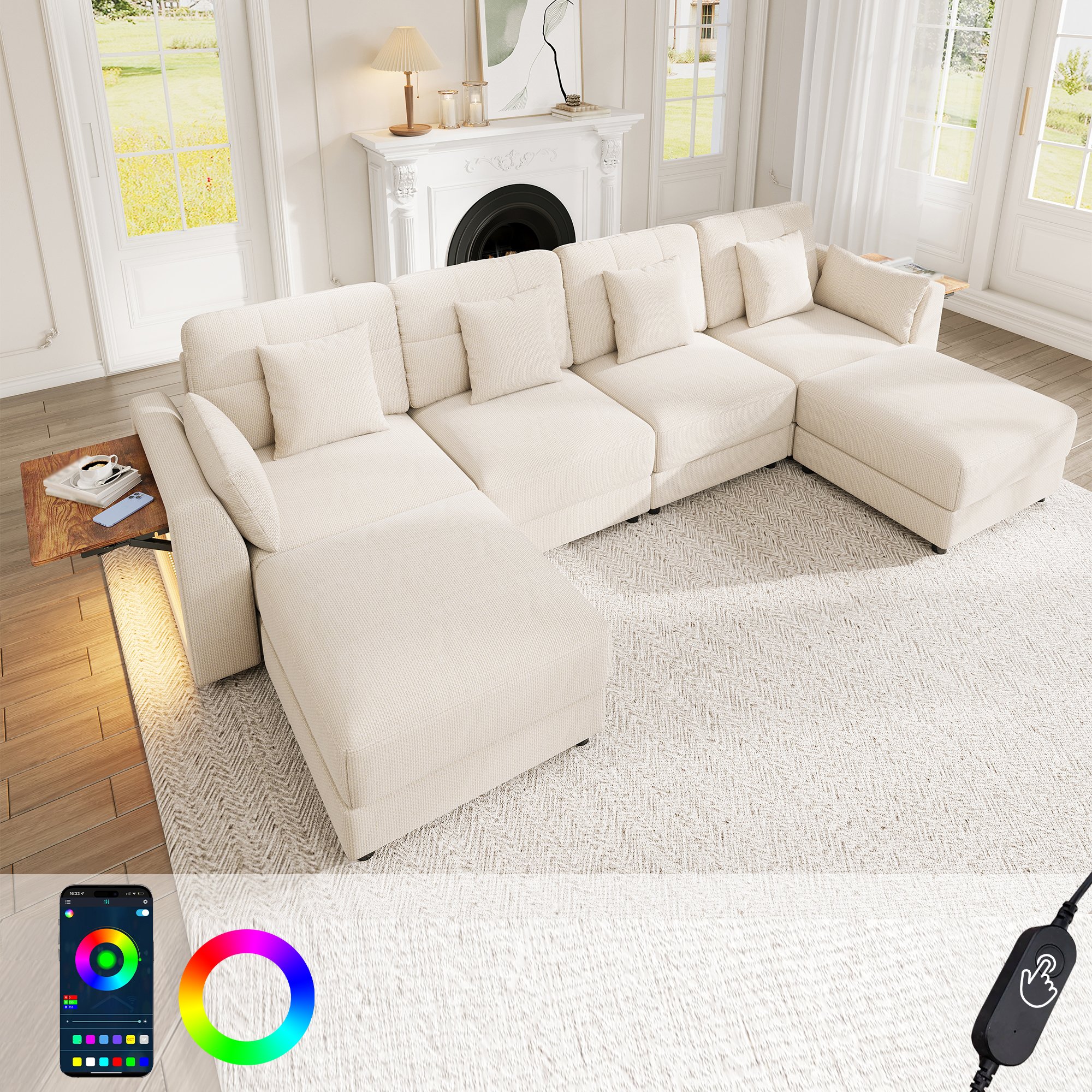 Canapé d'angle modulable en chenille beige, format U/L avec 2 poufs, LED Bluetooth et tables rabattables, dimensions 292x135x82 cm pour 6 personnes