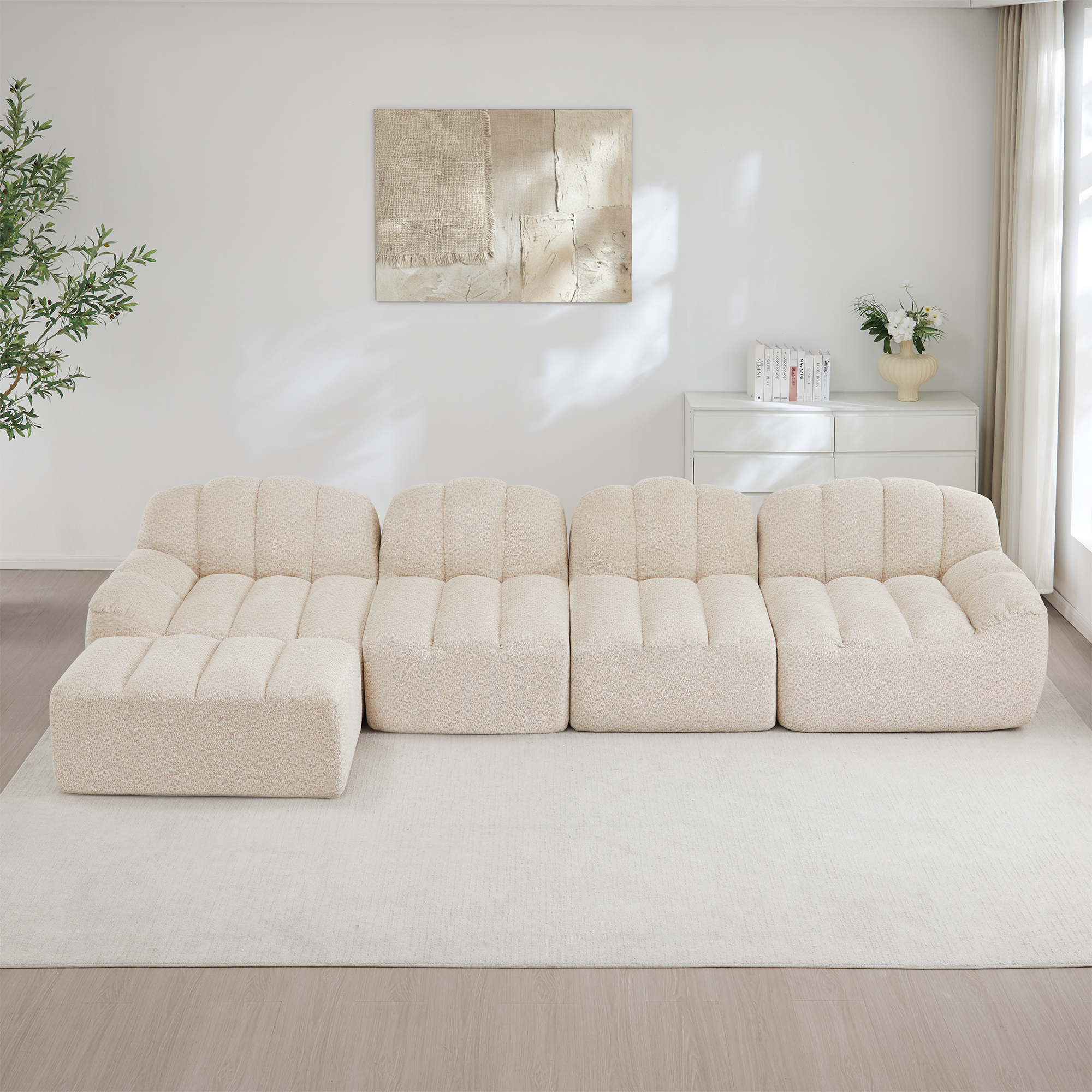 Canapé Modulable 4 Places Dimensions 366x165x79 Cm, Grand Canapé d'Angle avec Ottoman, Revêtement Tissu Granuleux Beige Blanc