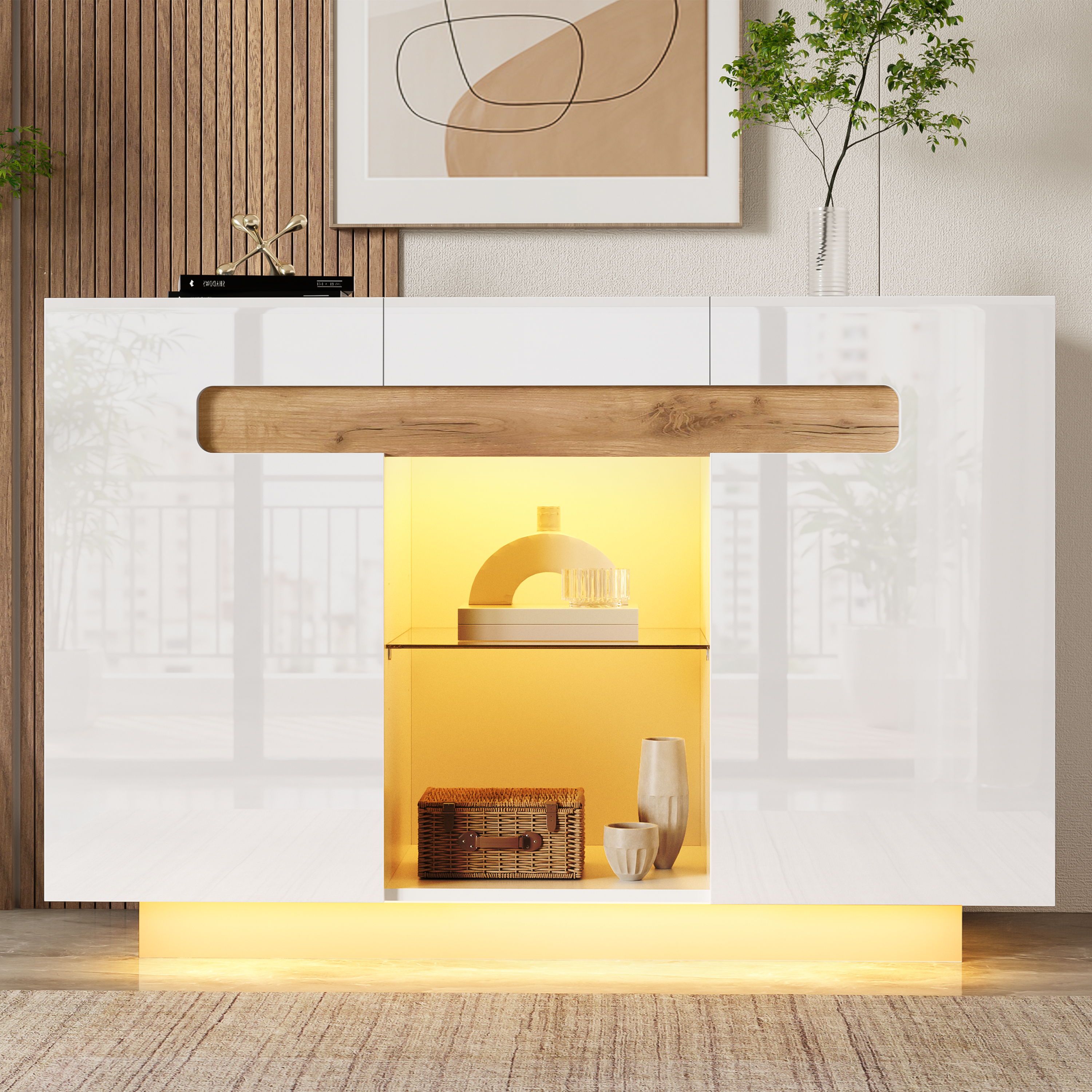Buffet Contemporain Blanc et Bois Naturel 120x40x80 cm, Meuble TV avec LED Couleur Modifiable App et Étagères en Verre Trempé