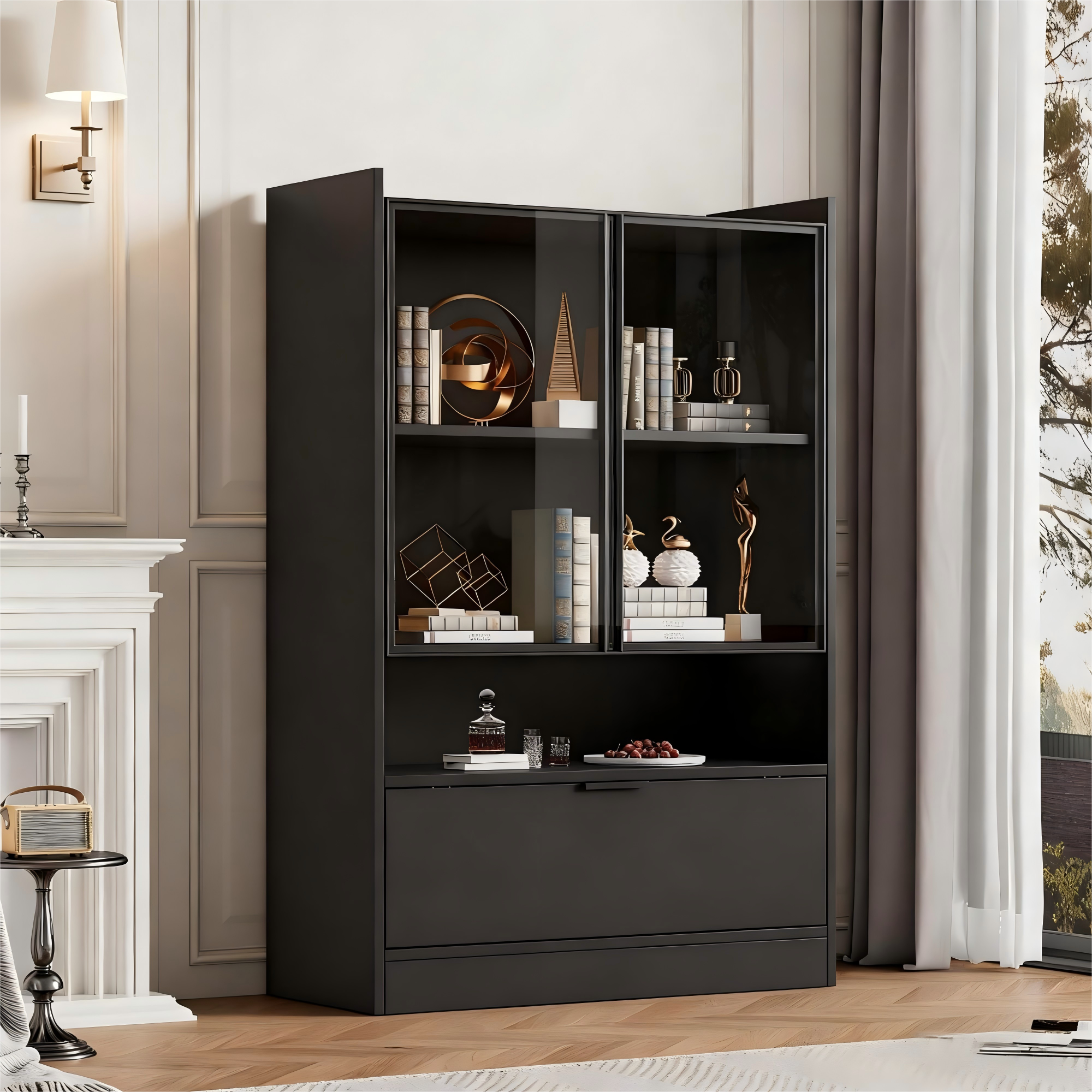 Vitrine LED Noire Mat 120x80x35 cm, Contrôle App et Télécommande, Verre Trempé avec Porte Abattante Inférieure