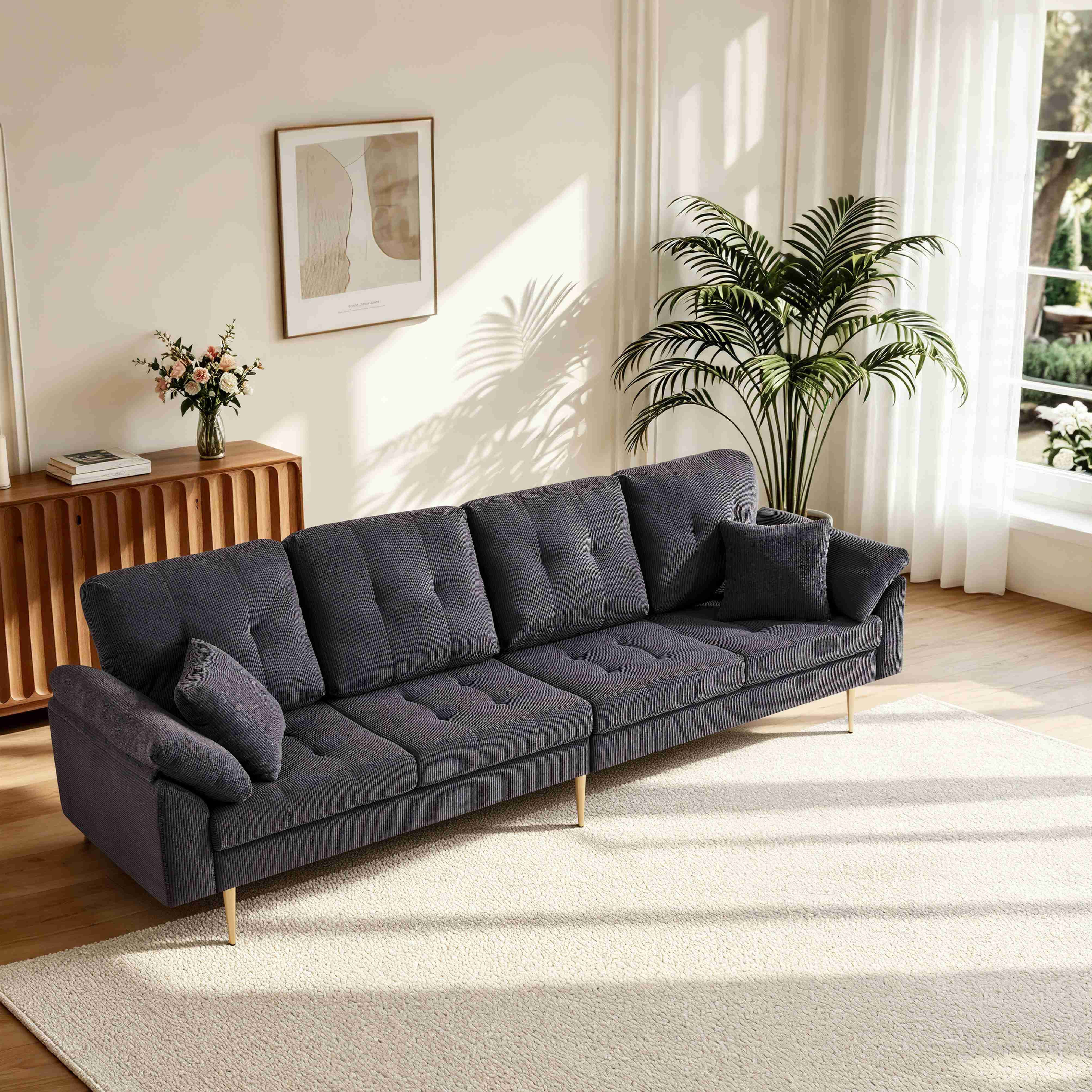 Canapé 4 places en velours côtelé gris foncé avec pouf amovible, structure métallique et pieds hauts de 20 cm pour un style moderne et épuré dans votre salon.