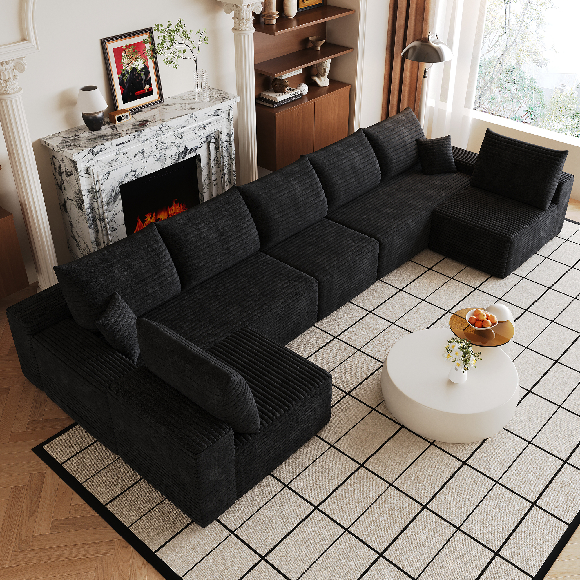 Canapé d'angle Modulable Noir avec Méridienne et Profondeur de Siège Basse Design Contemporain